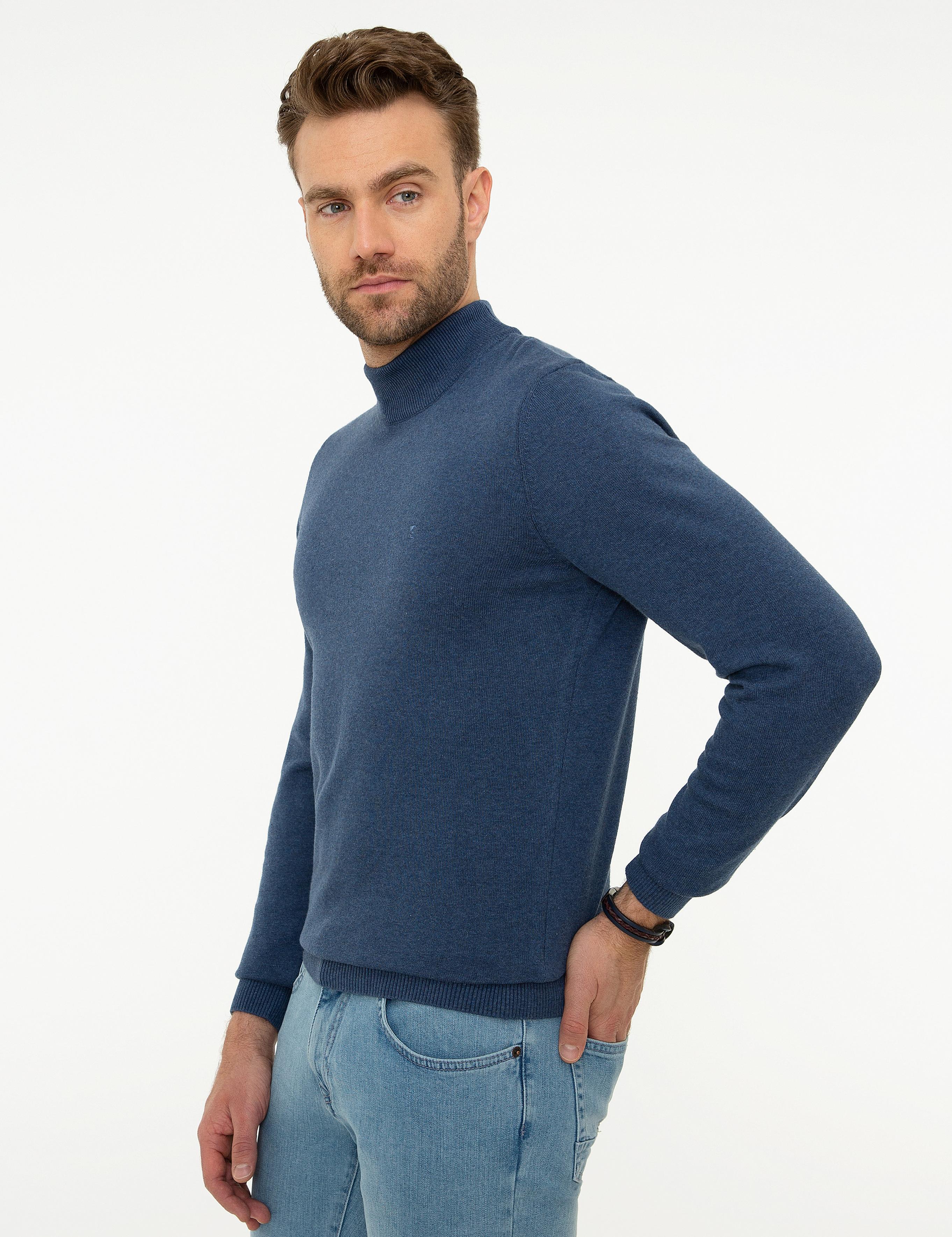 İndigo Mavi Melanj Slim Fit Yarım Balıkçı Yaka Basic Triko Kazak