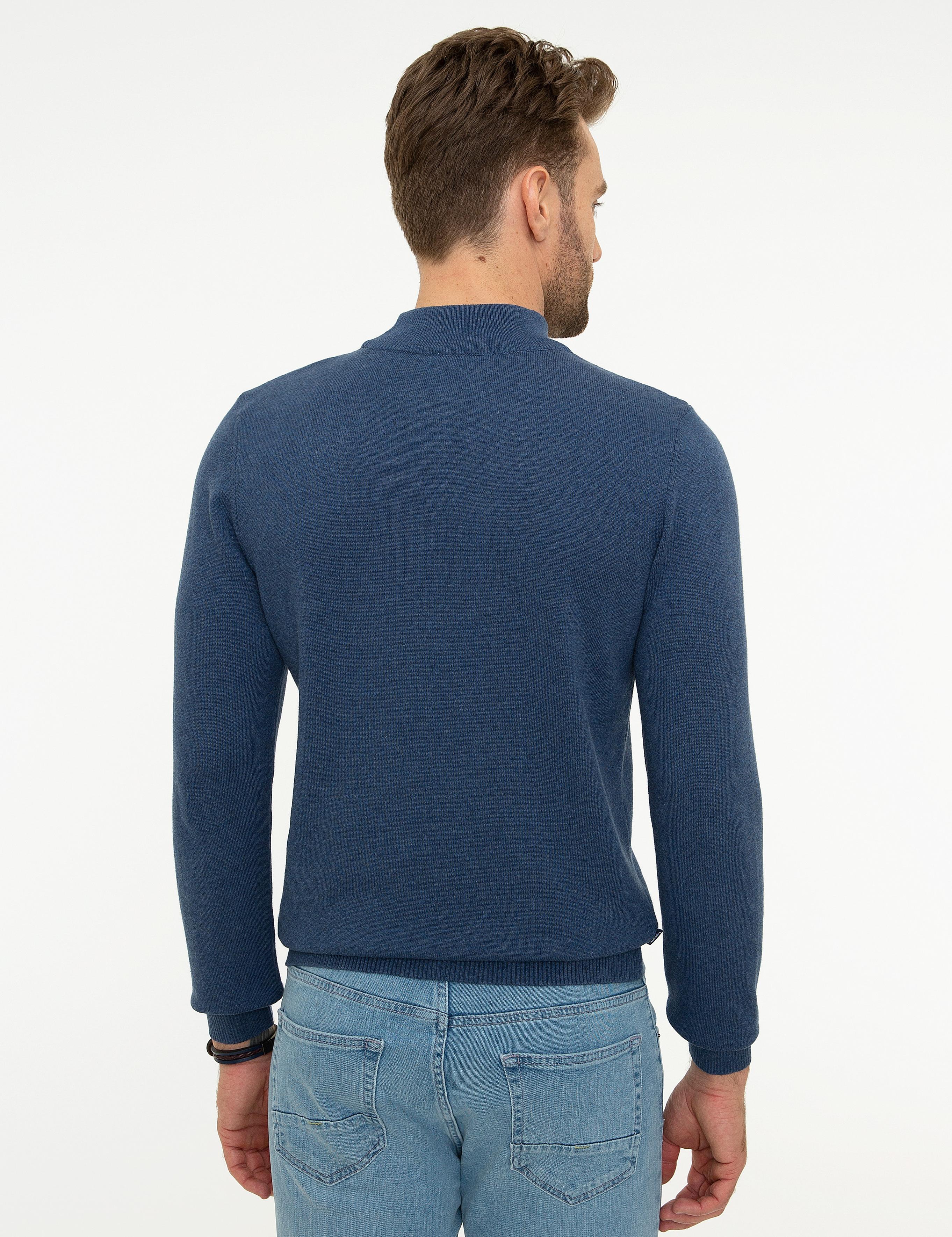 İndigo Mavi Melanj Slim Fit Yarım Balıkçı Yaka Basic Triko Kazak