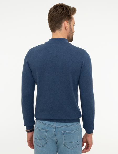 İndigo Mavi Melanj Slim Fit Yarım Balıkçı Yaka Basic Triko Kazak - 50207508054