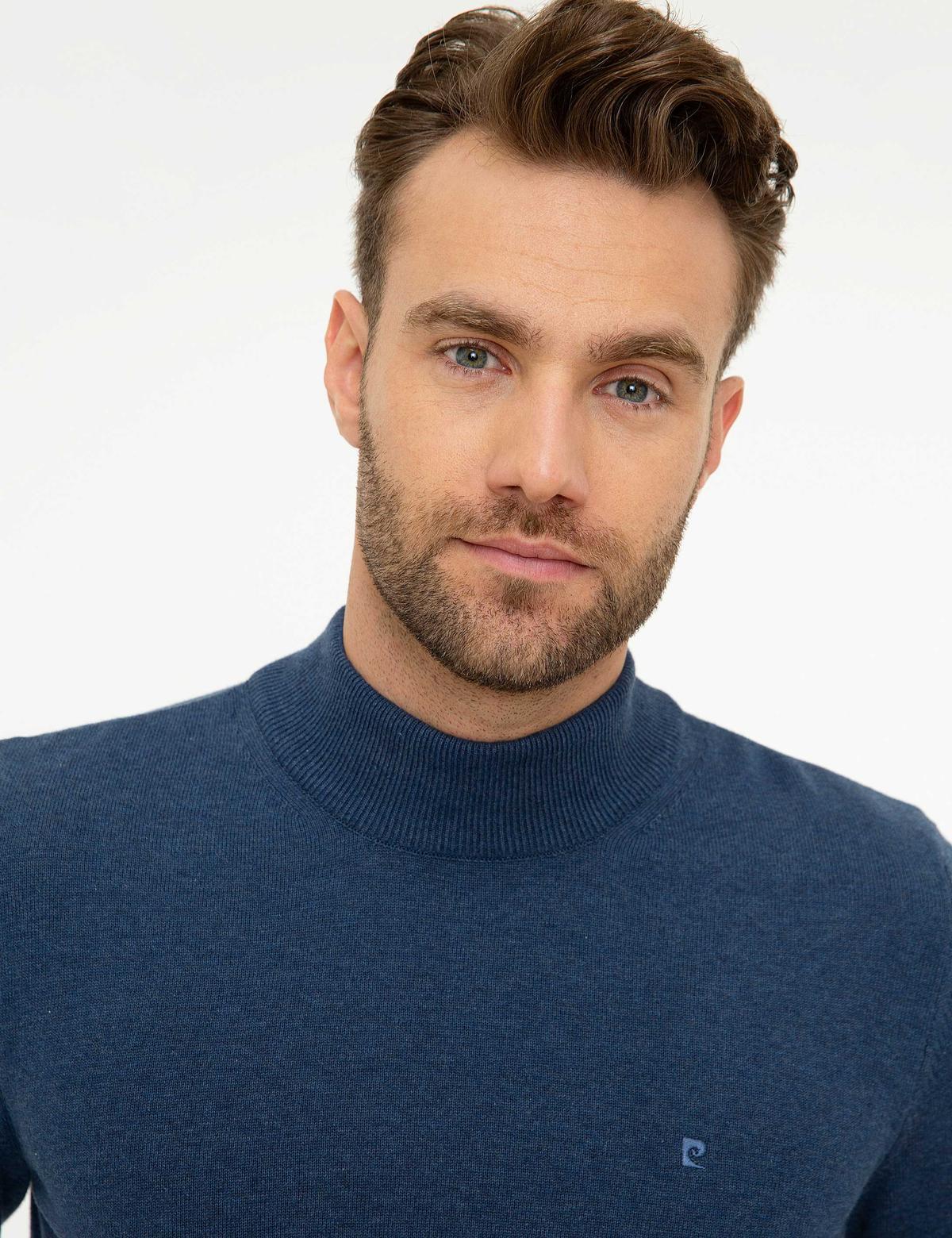 İndigo Mavi Melanj Slim Fit Yarım Balıkçı Yaka Basic Triko Kazak - 50207508054