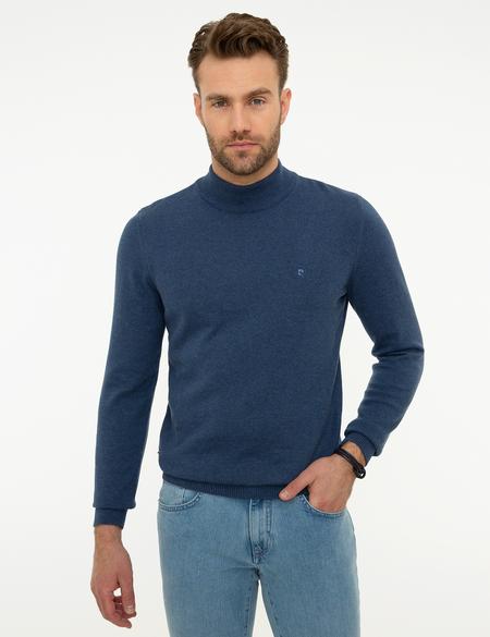 İndigo Mavi Melanj Slim Fit Yarım Balıkçı Yaka Basic Triko Kazak - 50207508054