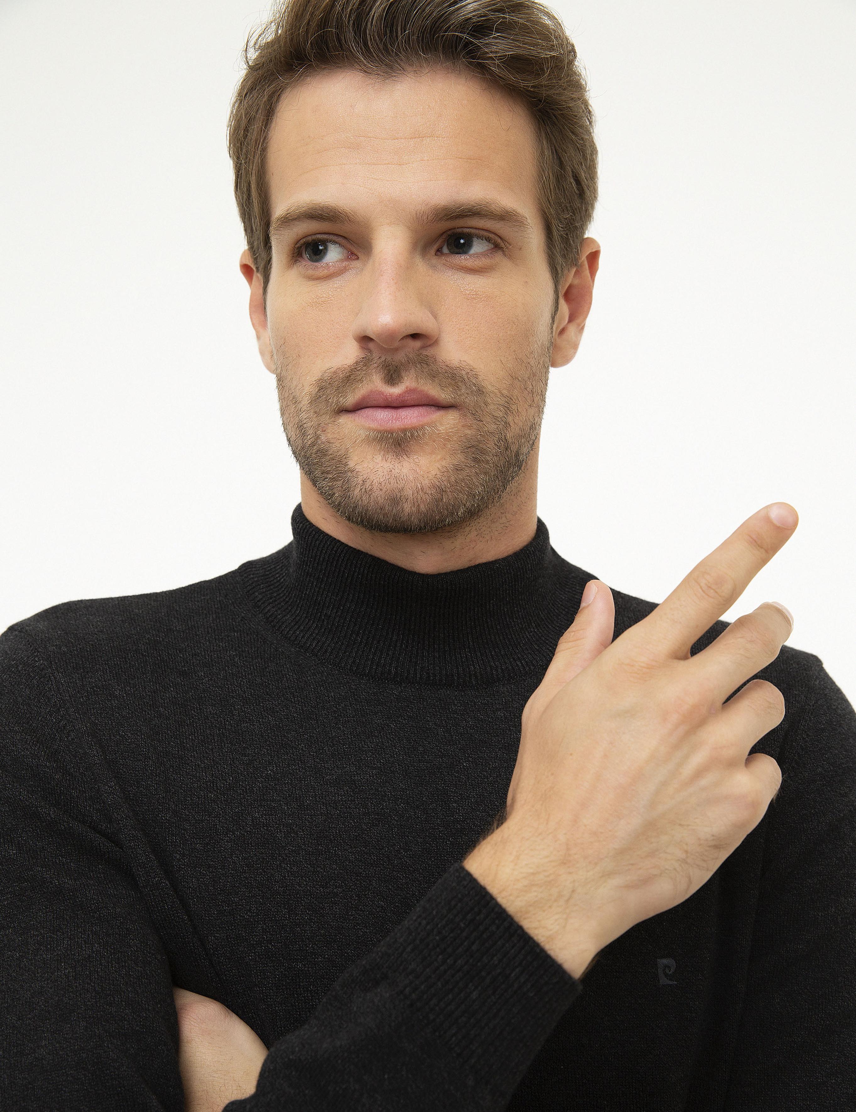 Antrasit Melanj Slim Fit Yarım Balıkçı Yaka Triko Kazak