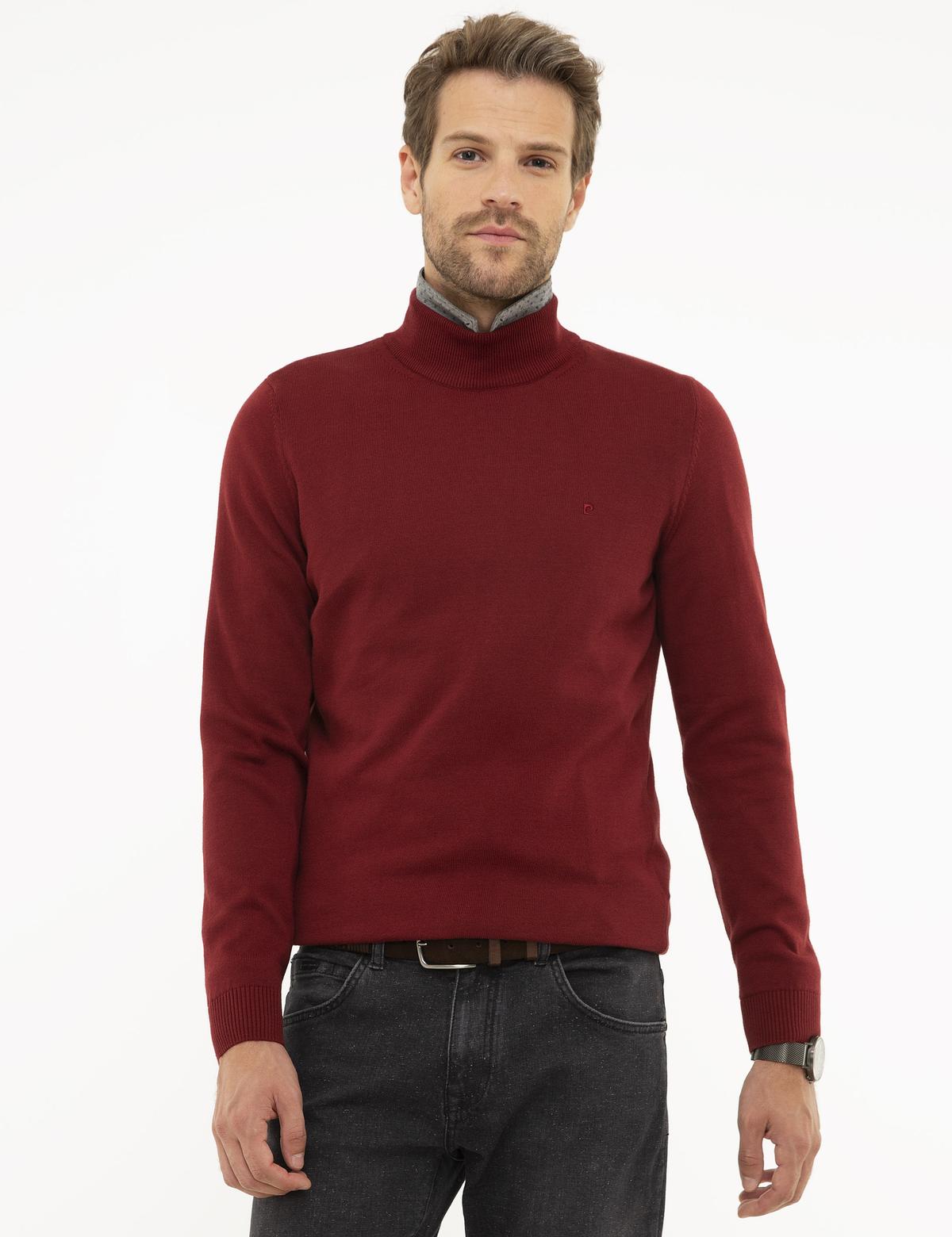 Kırmızı Slim Fit Yarım Balıkçı Yaka Basic Triko Kazak