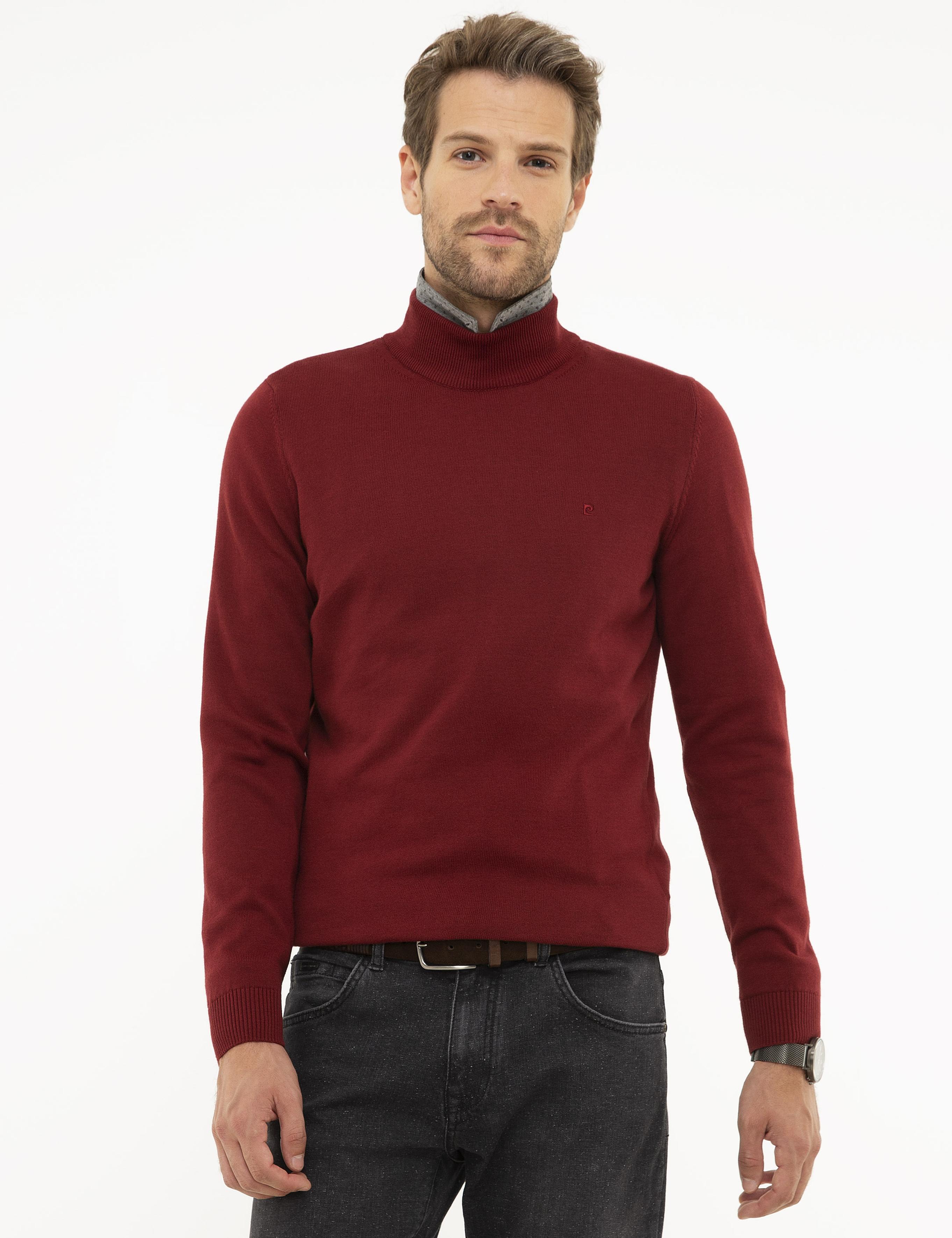 Kırmızı Slim Fit Yarım Balıkçı Yaka Basic Triko Kazak