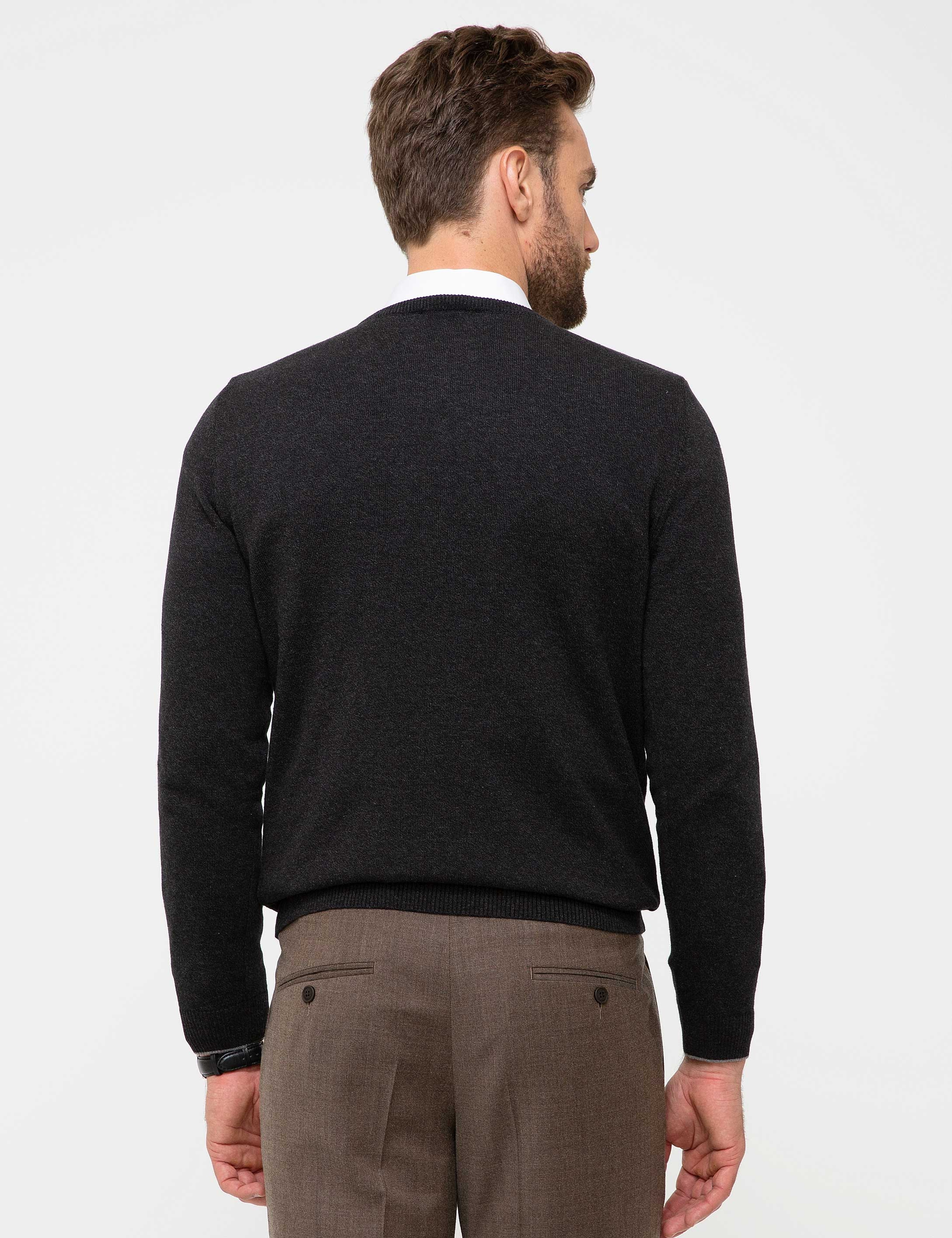 Antrasit Melanj Slim Fit V Yaka Basic Triko Kazak - Image 3