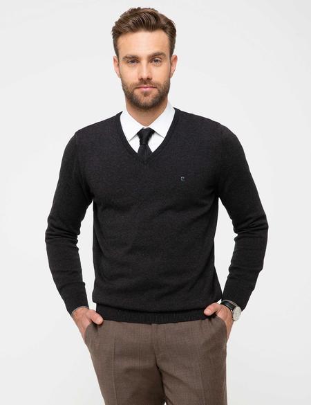 Antrasit Melanj Slim Fit V Yaka Basic Triko Kazak - 50207495031