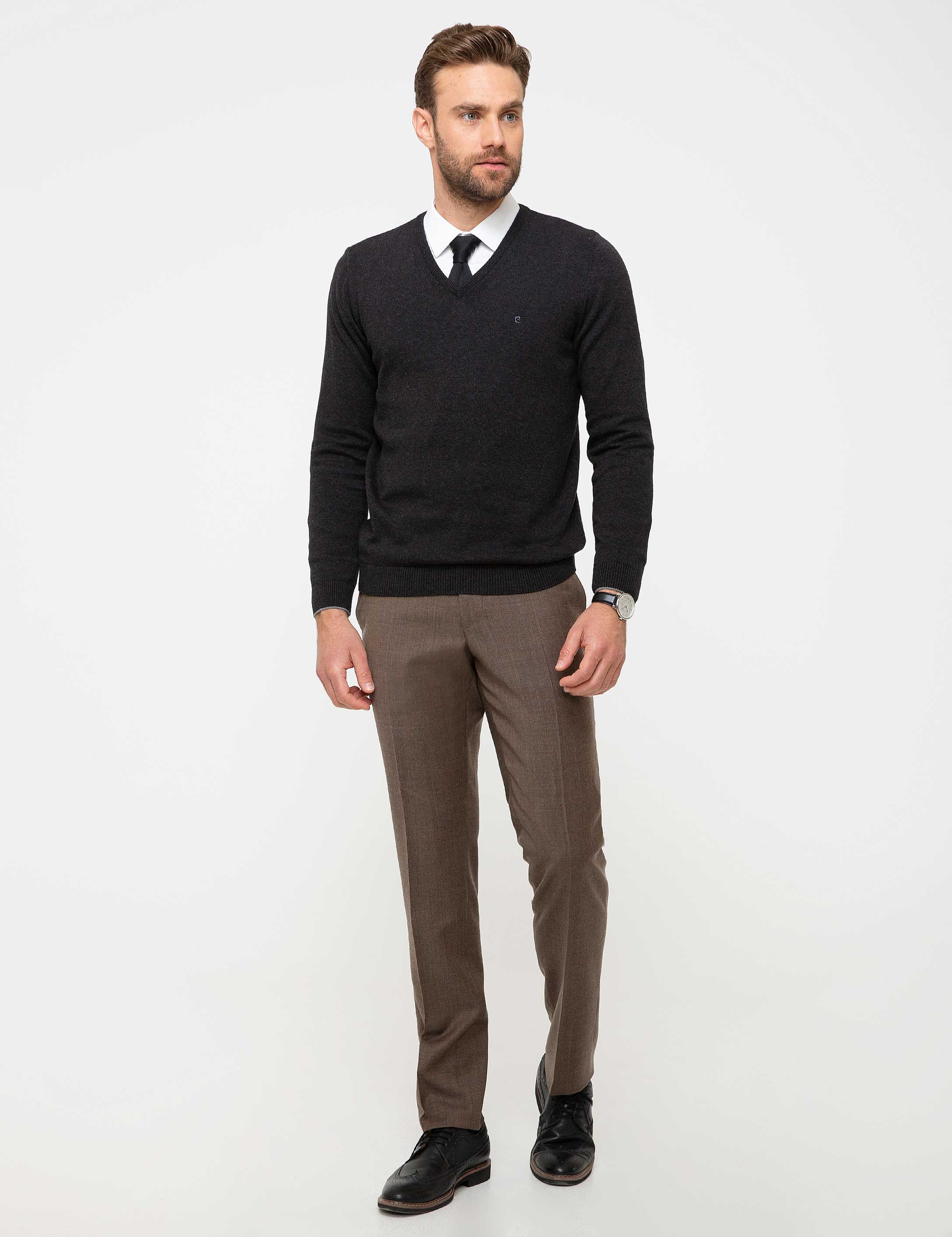 Antrasit Melanj Slim Fit V Yaka Basic Triko Kazak - Image 4