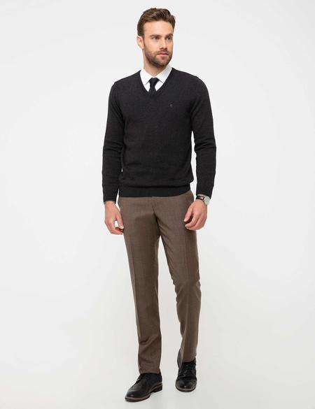 Antrasit Melanj Slim Fit V Yaka Basic Triko Kazak - 50207495031