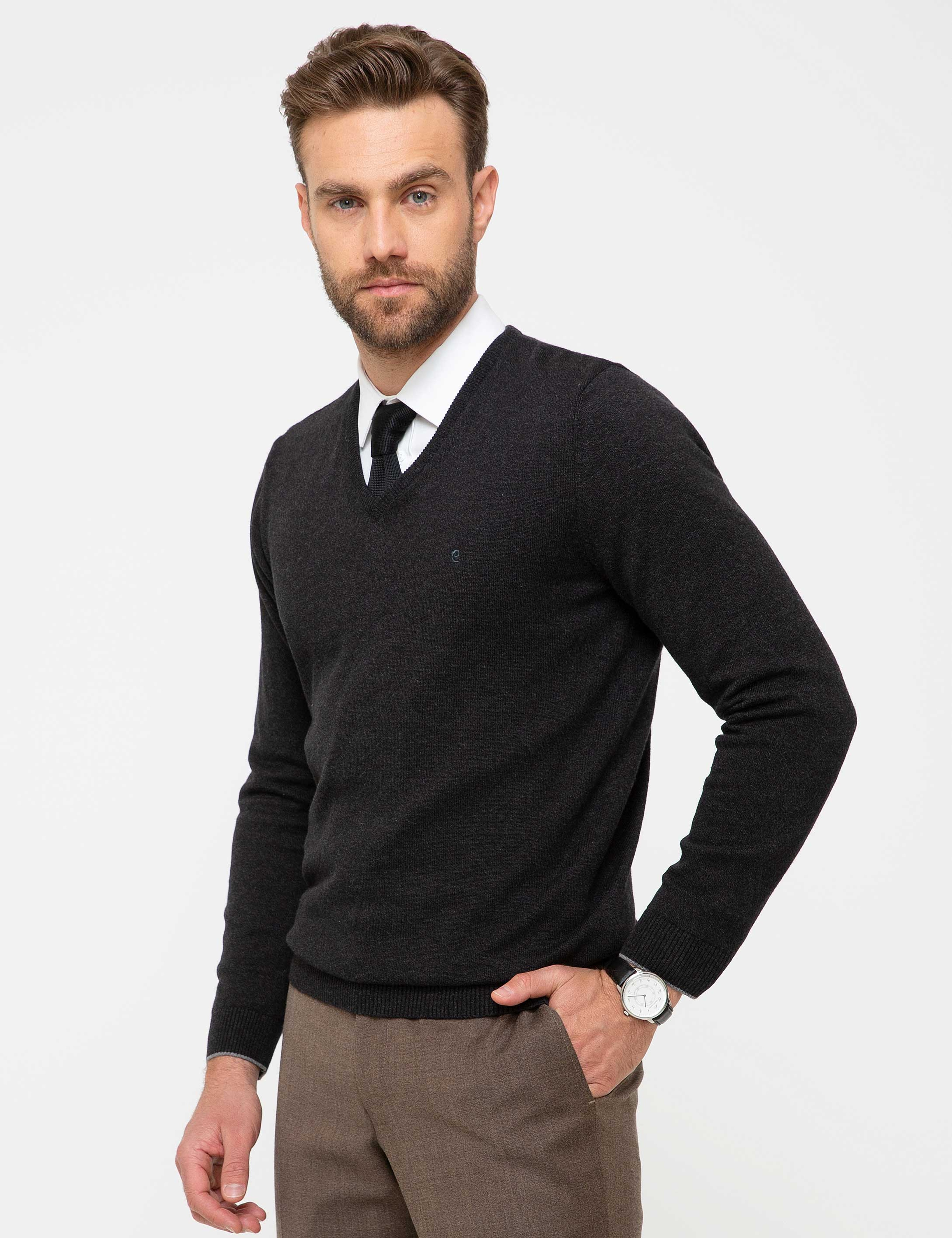 Antrasit Melanj Slim Fit V Yaka Basic Triko Kazak - Image 2