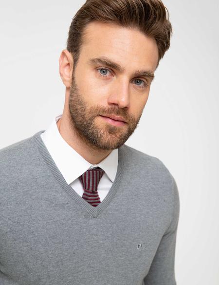 Gri Melanj Slim Fit V Yaka Basic Triko Kazak - 50207495161