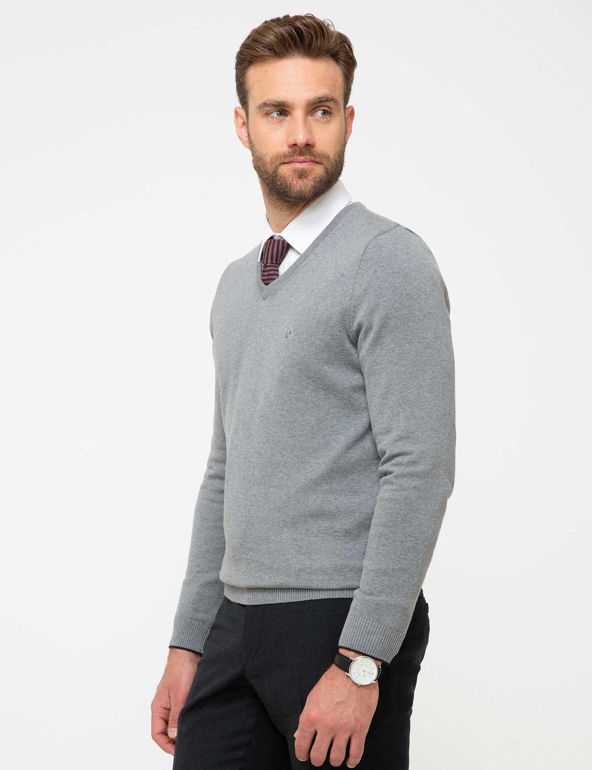 Gri Melanj Slim Fit V Yaka Basic Triko Kazak - 50207495161