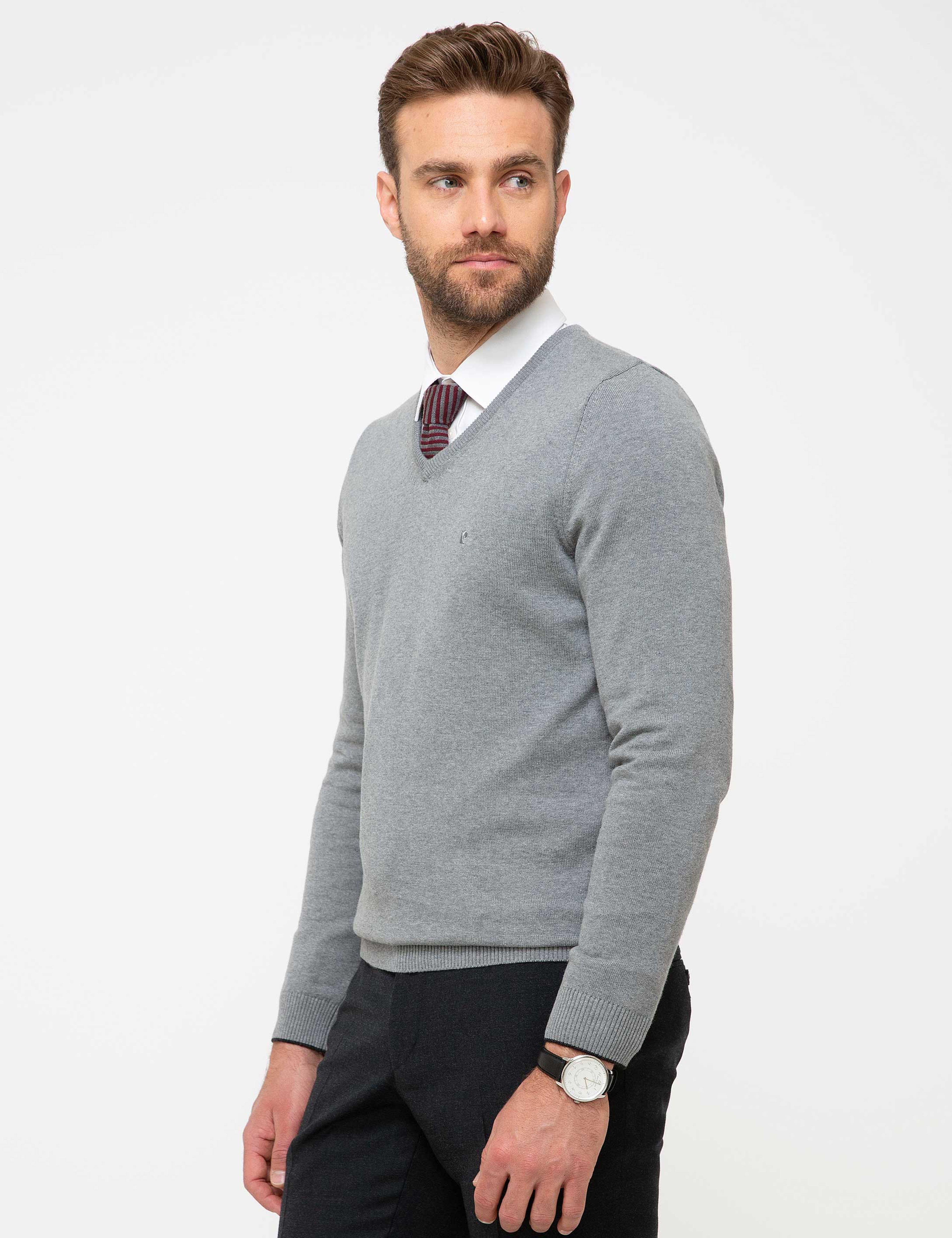 Gri Melanj Slim Fit V Yaka Basic Triko Kazak