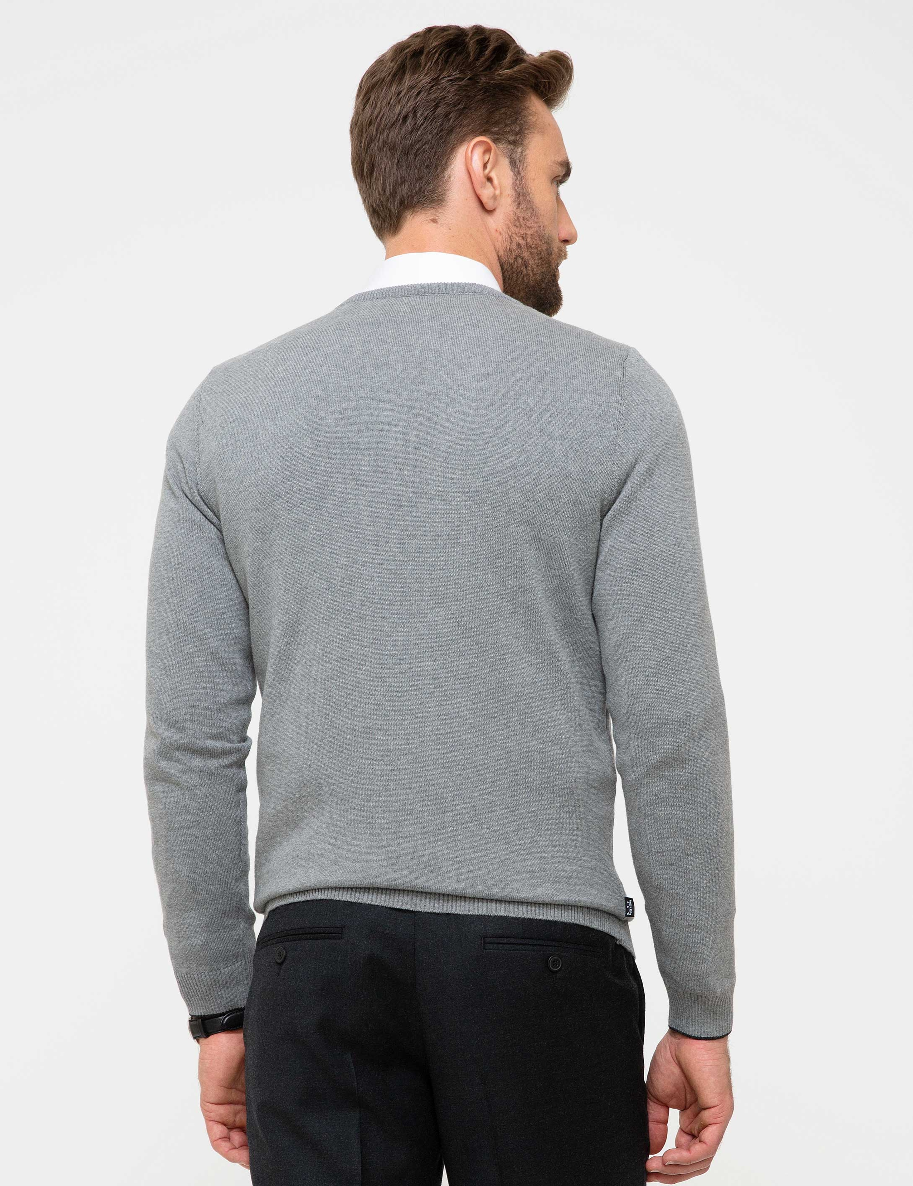 Gri Melanj Slim Fit V Yaka Basic Triko Kazak - Image 4