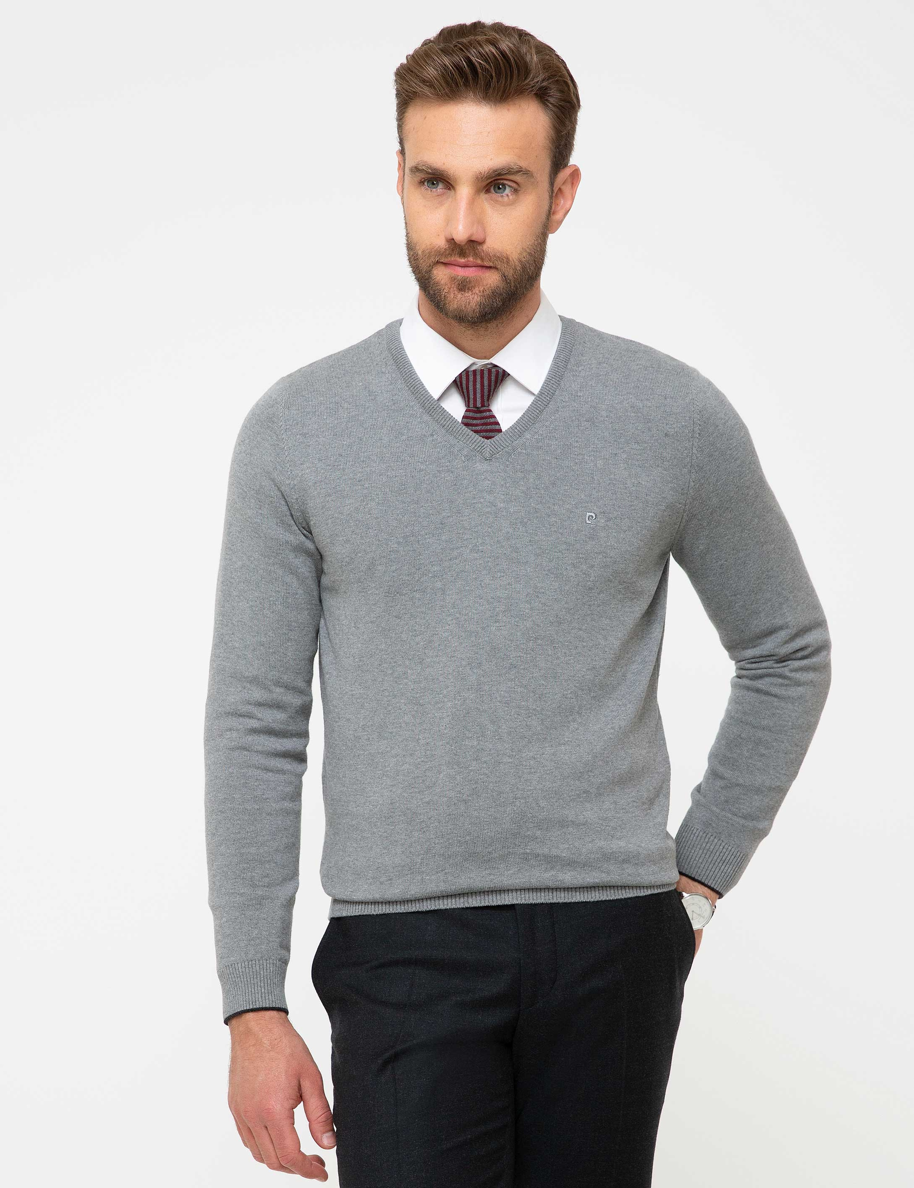Gri Melanj Slim Fit V Yaka Basic Triko Kazak