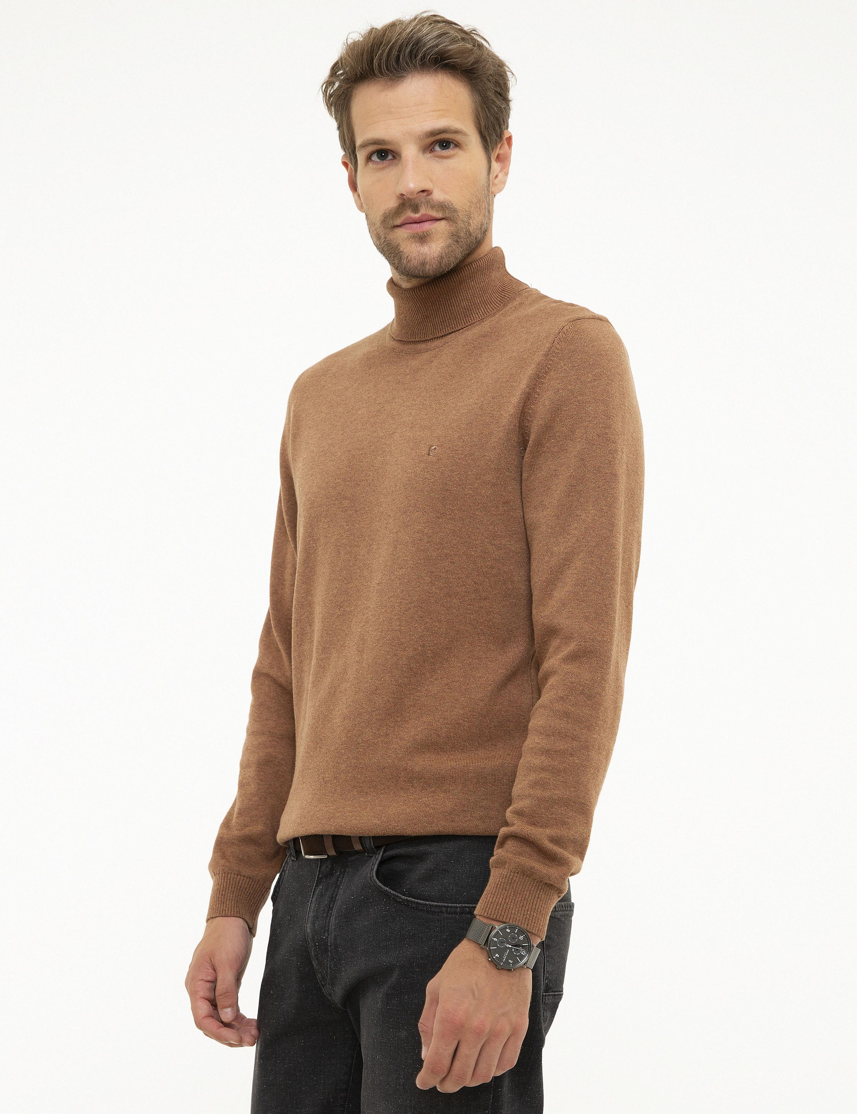 Taba Melanj Slim Fit Tam Balıkçı Yaka Basic Triko Kazak