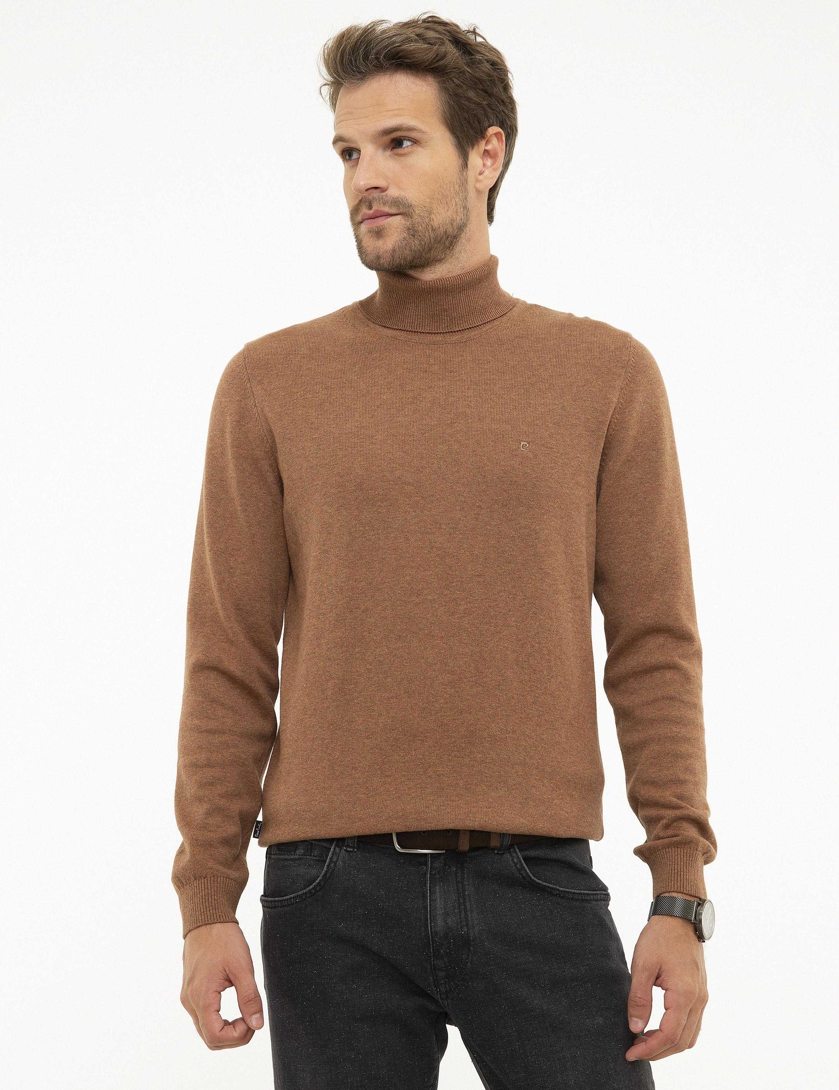 Taba Melanj Slim Fit Tam Balıkçı Yaka Basic Triko Kazak