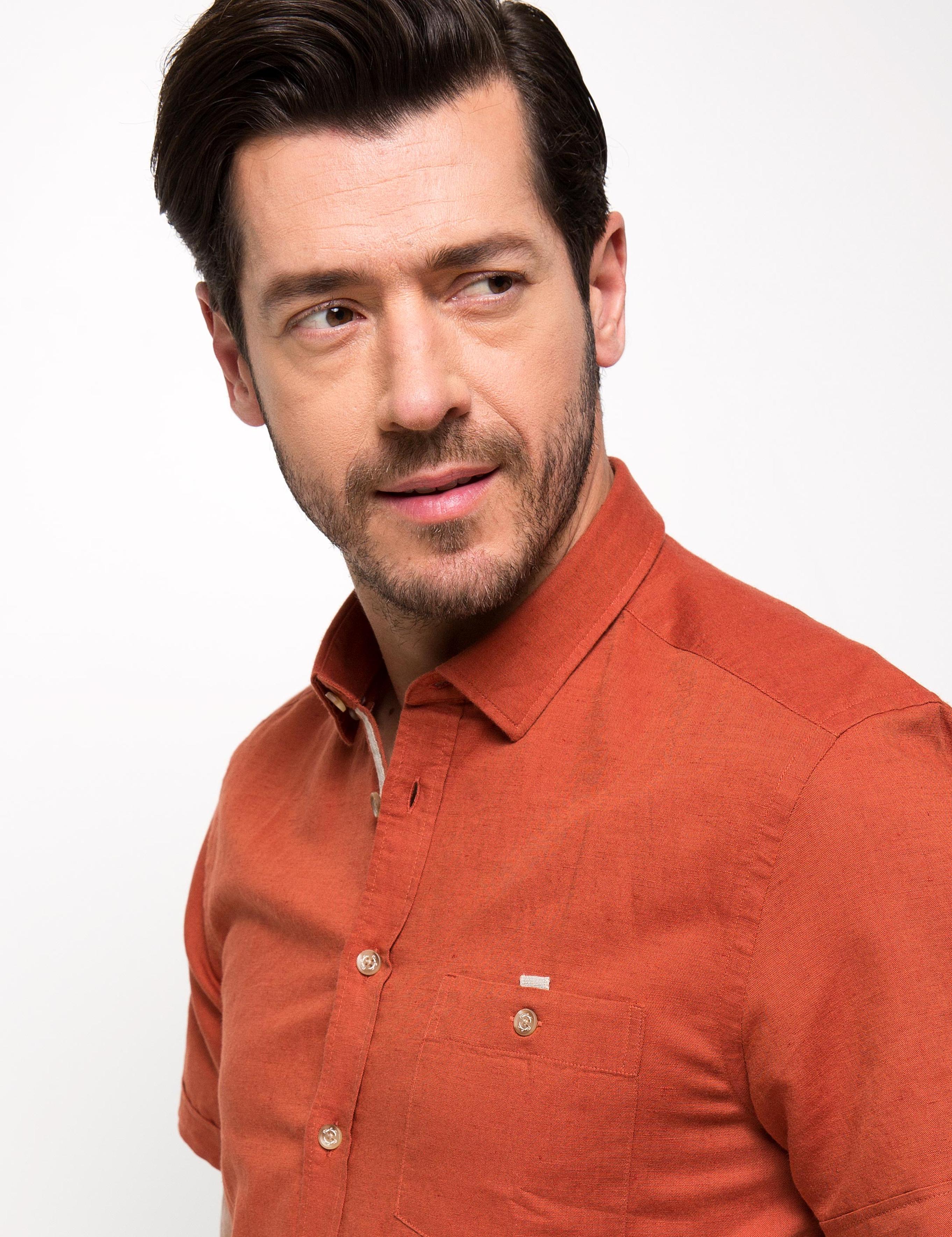 Turuncu Slim Fit Kısa Kollu Gömlek