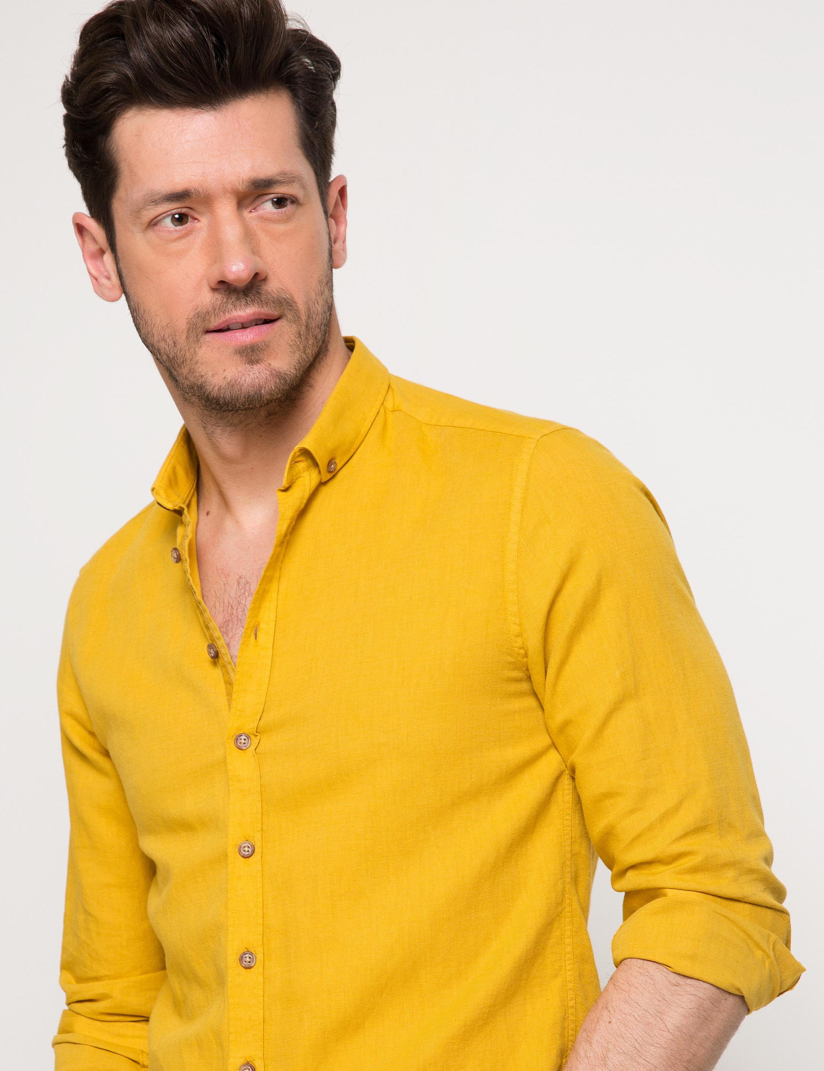 Safran Sarı Slim Fit Keten Karışımlı Gömlek