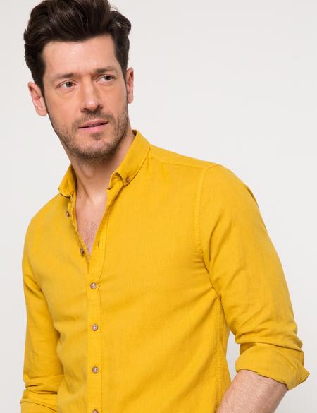 Safran Sarı Slim Fit Keten Karışımlı Gömlek - 50185777062
