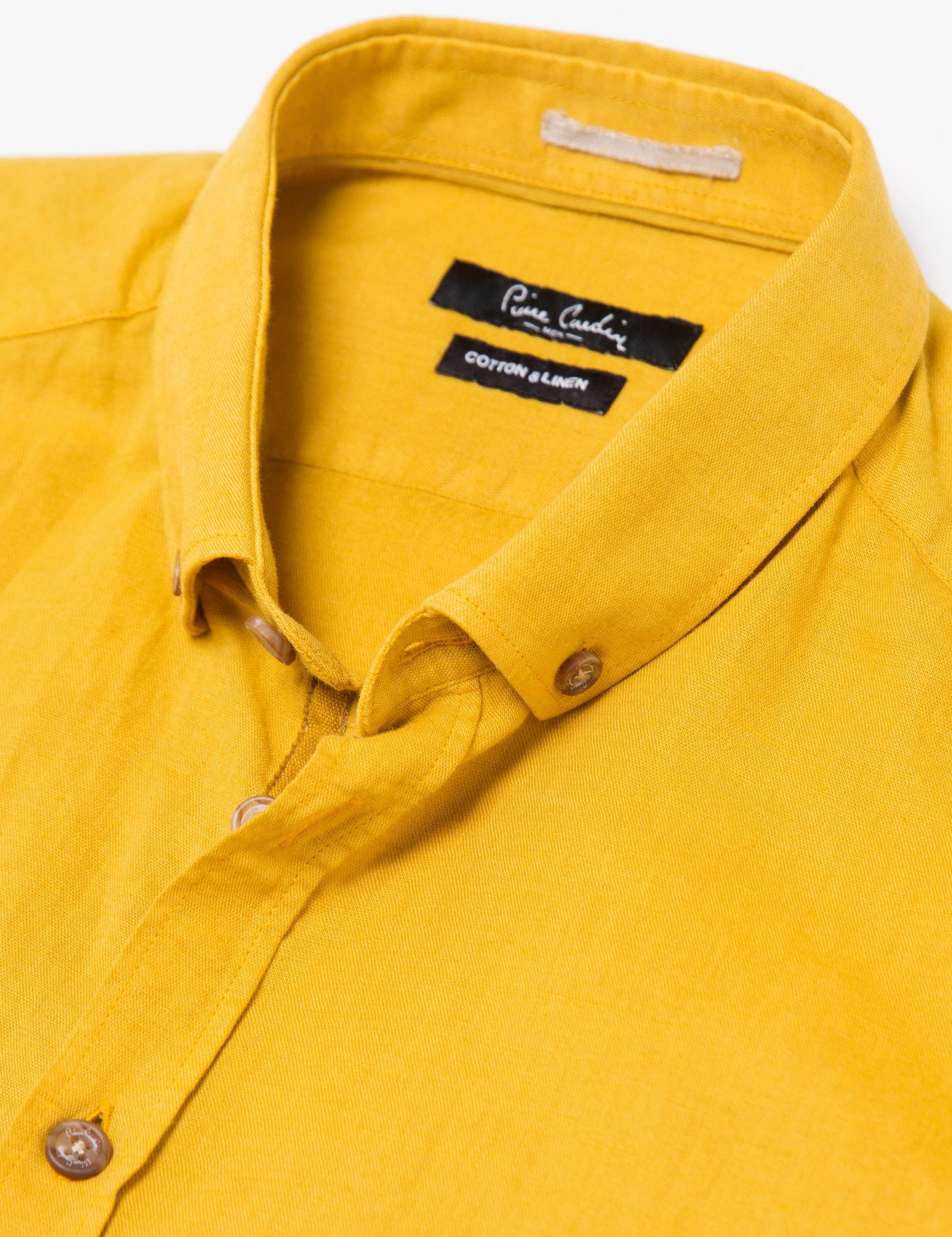 Safran Sarı Slim Fit Keten Karışımlı Gömlek