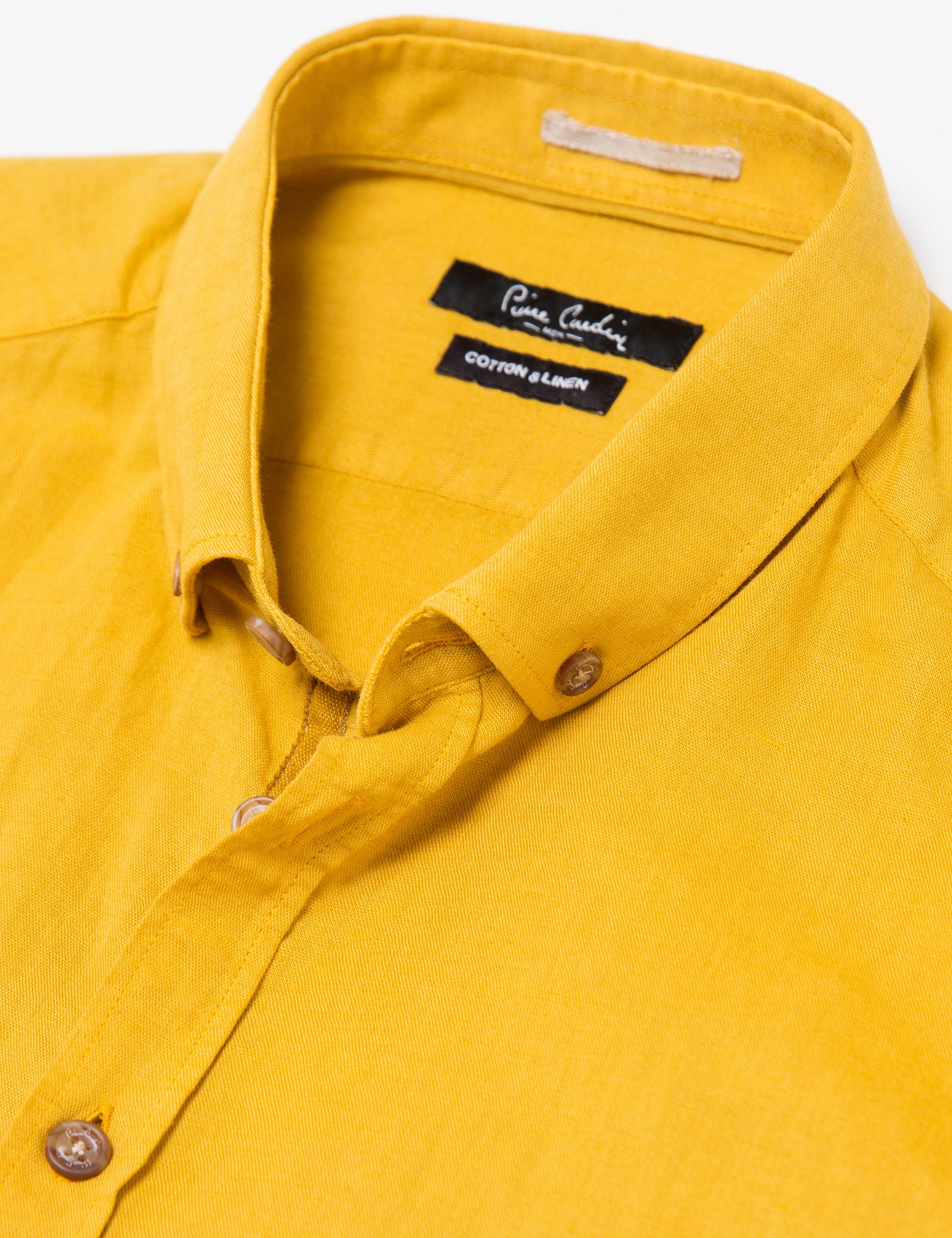 Safran Sarı Slim Fit Keten Karışımlı Gömlek