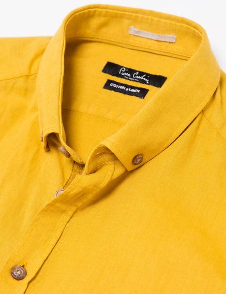 Safran Sarı Slim Fit Keten Karışımlı Gömlek - 50185777062