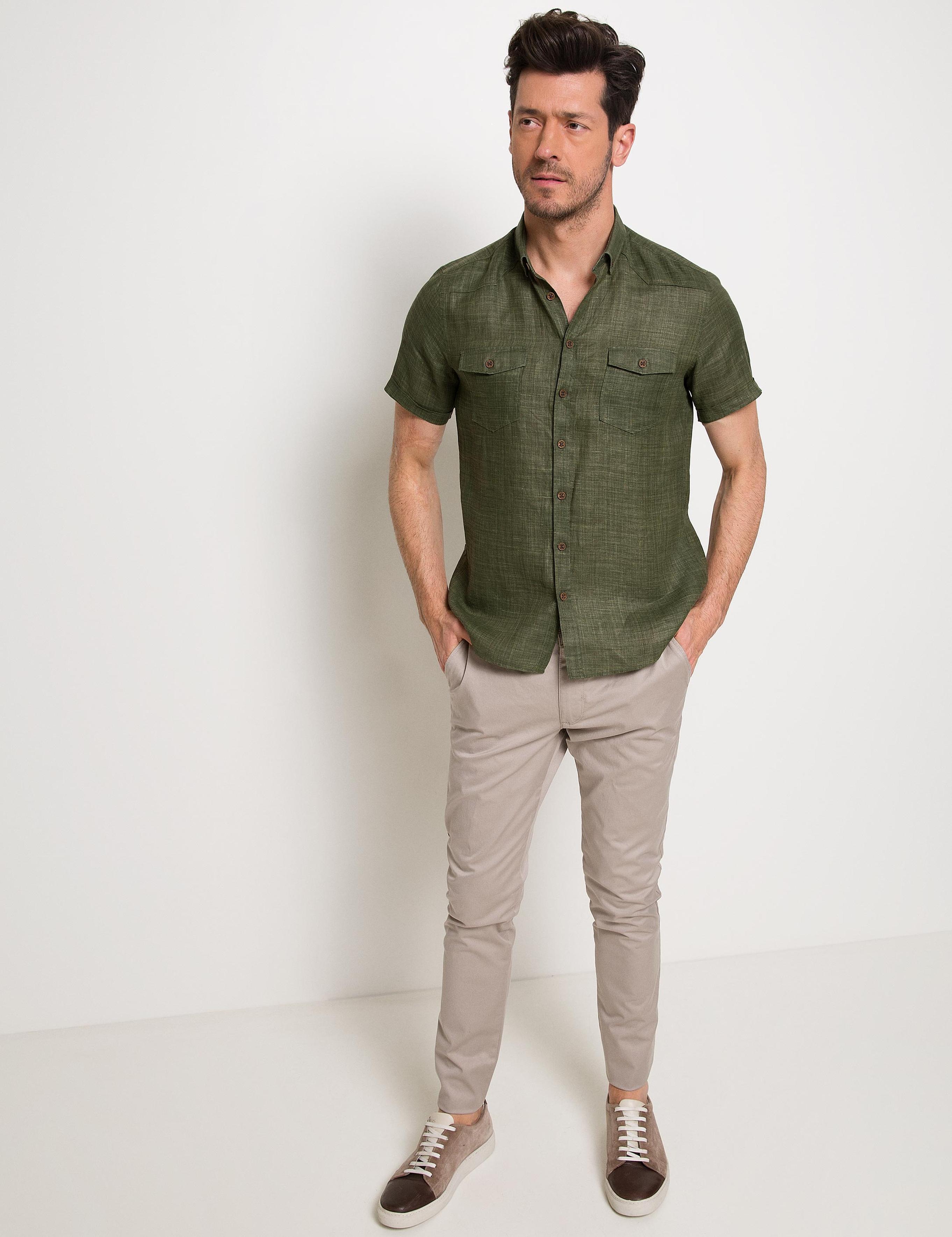 Haki Slim Fit Kısa Kollu Gömlek