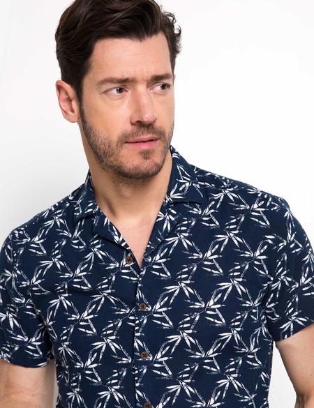 Lacivert Slim Fit Apaş Yaka Kısa Kollu Gömlek - 50189059007