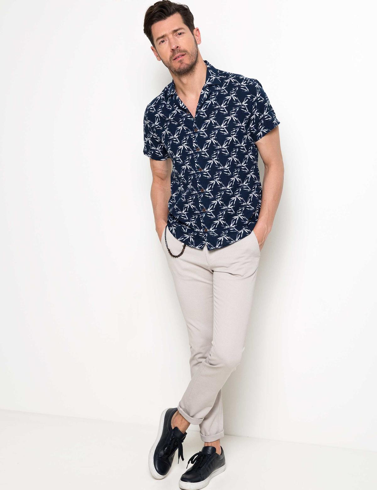 Lacivert Slim Fit Apaş Yaka Kısa Kollu Gömlek - 50189059007