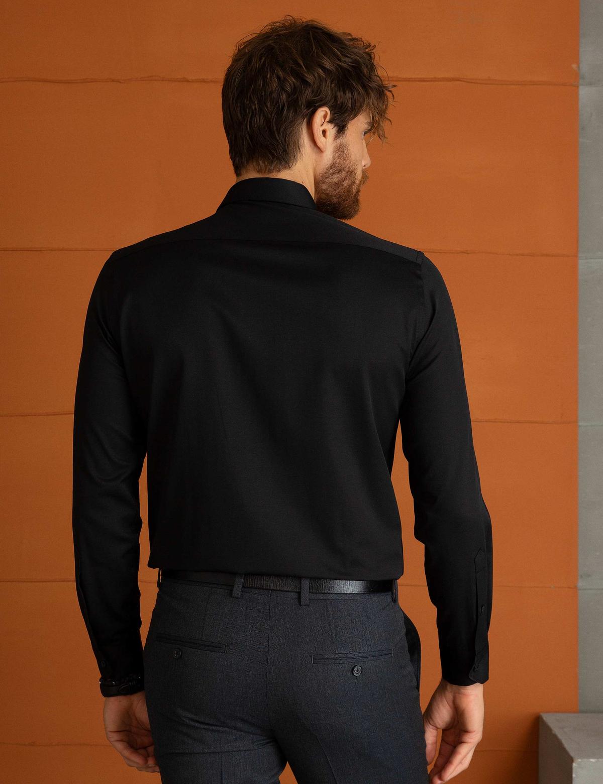 Siyah Slim Fit Uzun Kollu Basic Gömlek - 50197133023