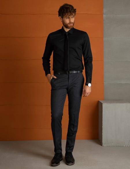 Siyah Slim Fit Uzun Kollu Basic Gömlek - 50197133023