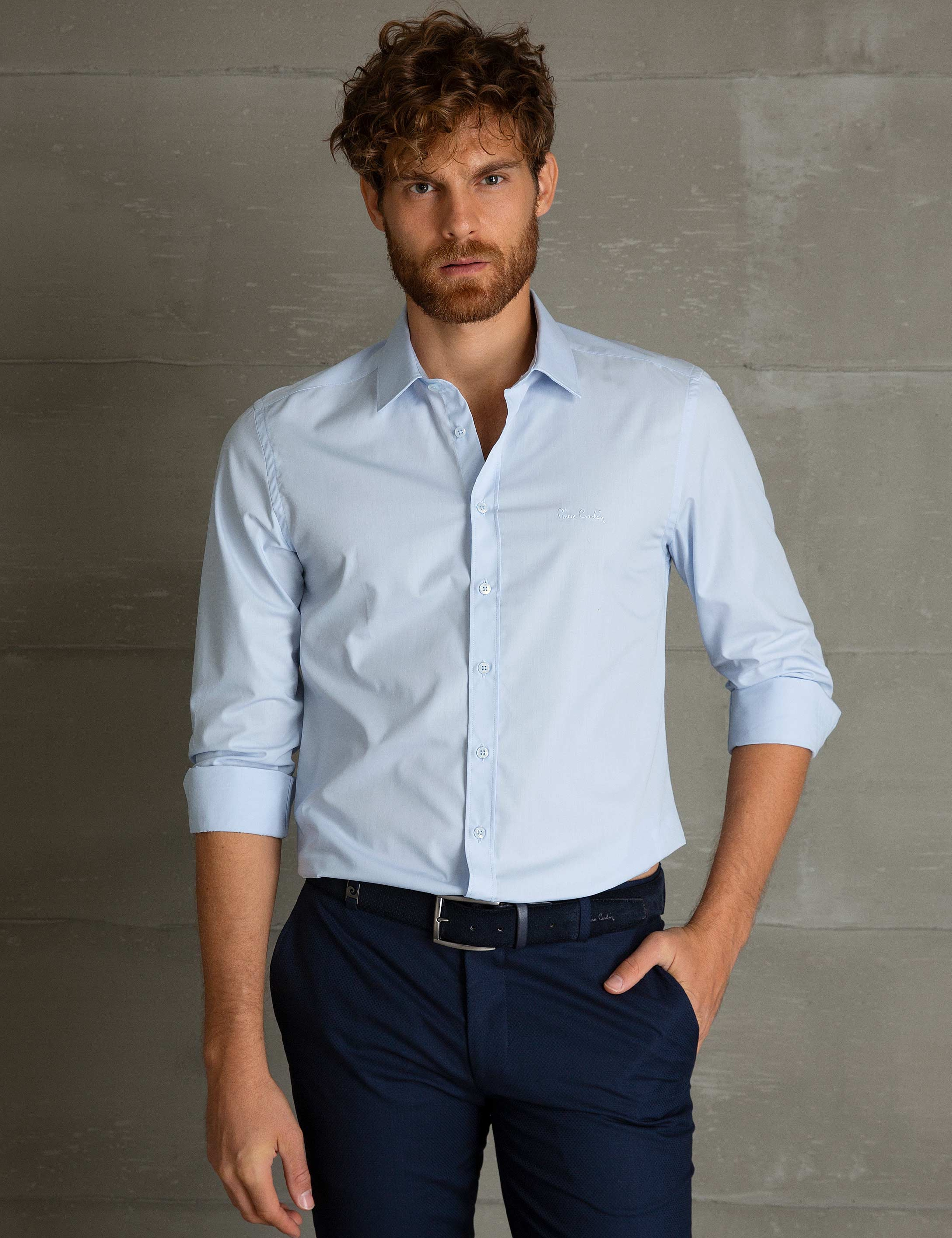 Açık Mavi Slim Fit Uzun Kollu Basic Gömlek - Image 2