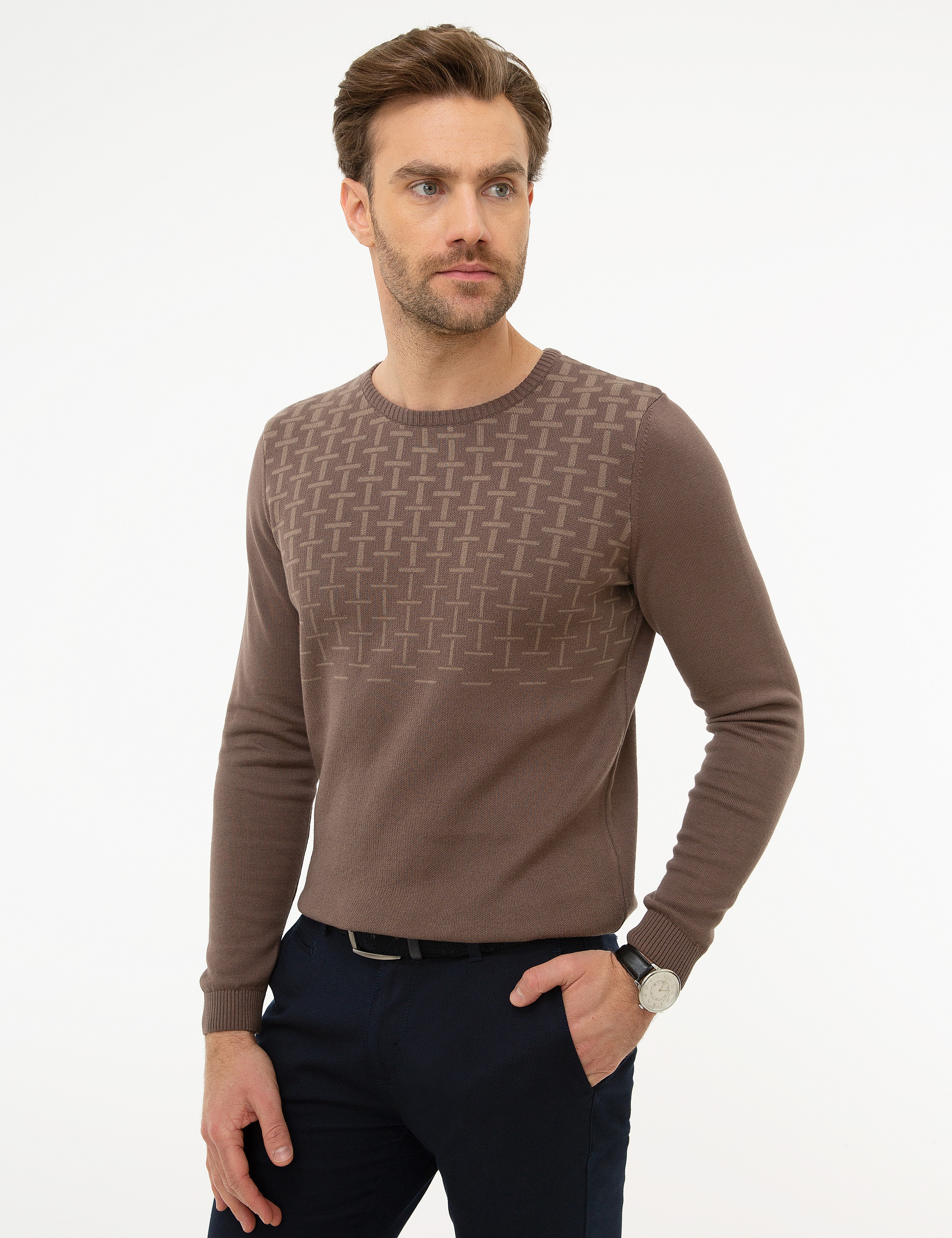 Kahverengi Slim Fit Triko Kazak - Image 3