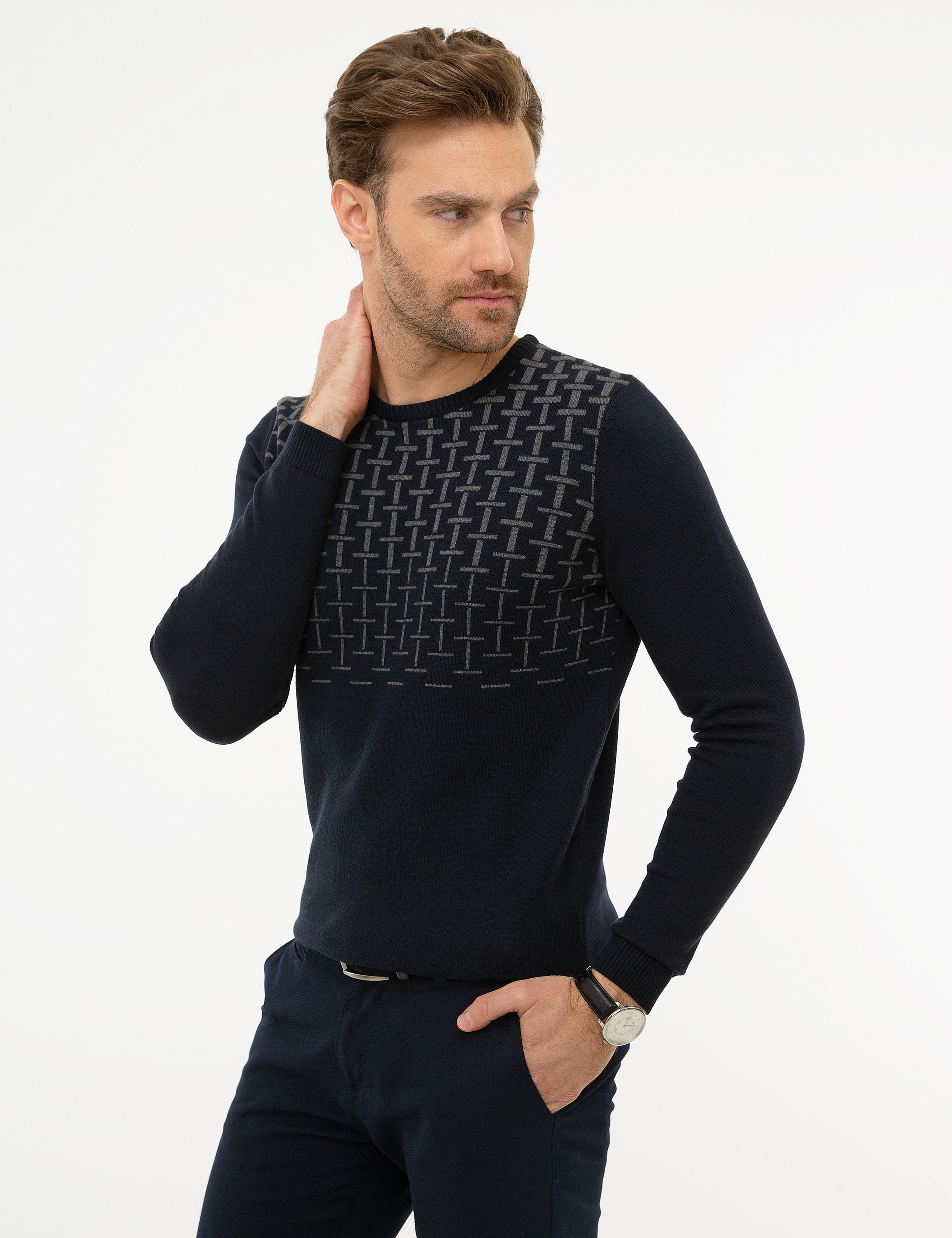 Koyu Lacivert Slim Fit Triko Kazak - Image 3