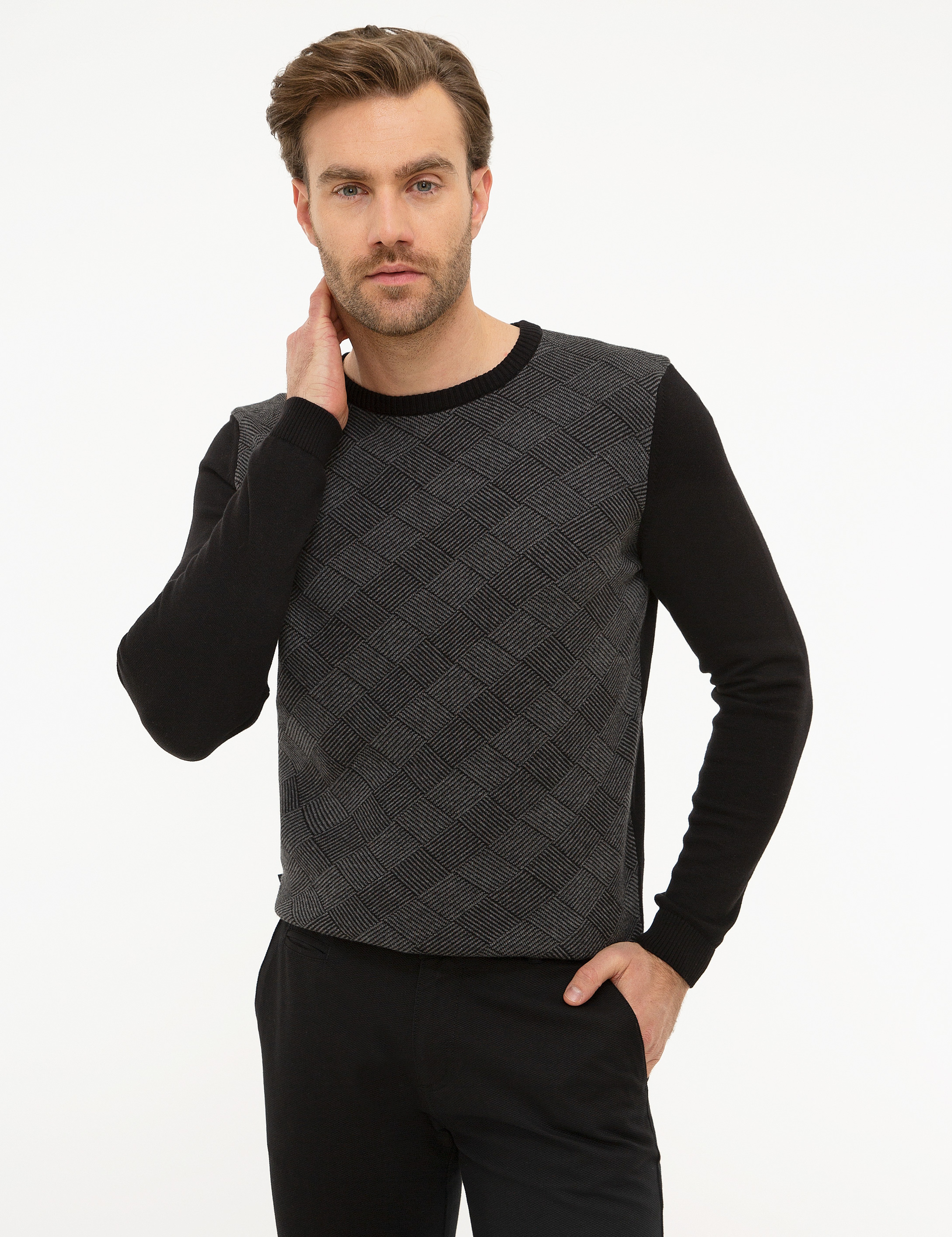 Siyah Slim Fit Triko Kazak - Image 1