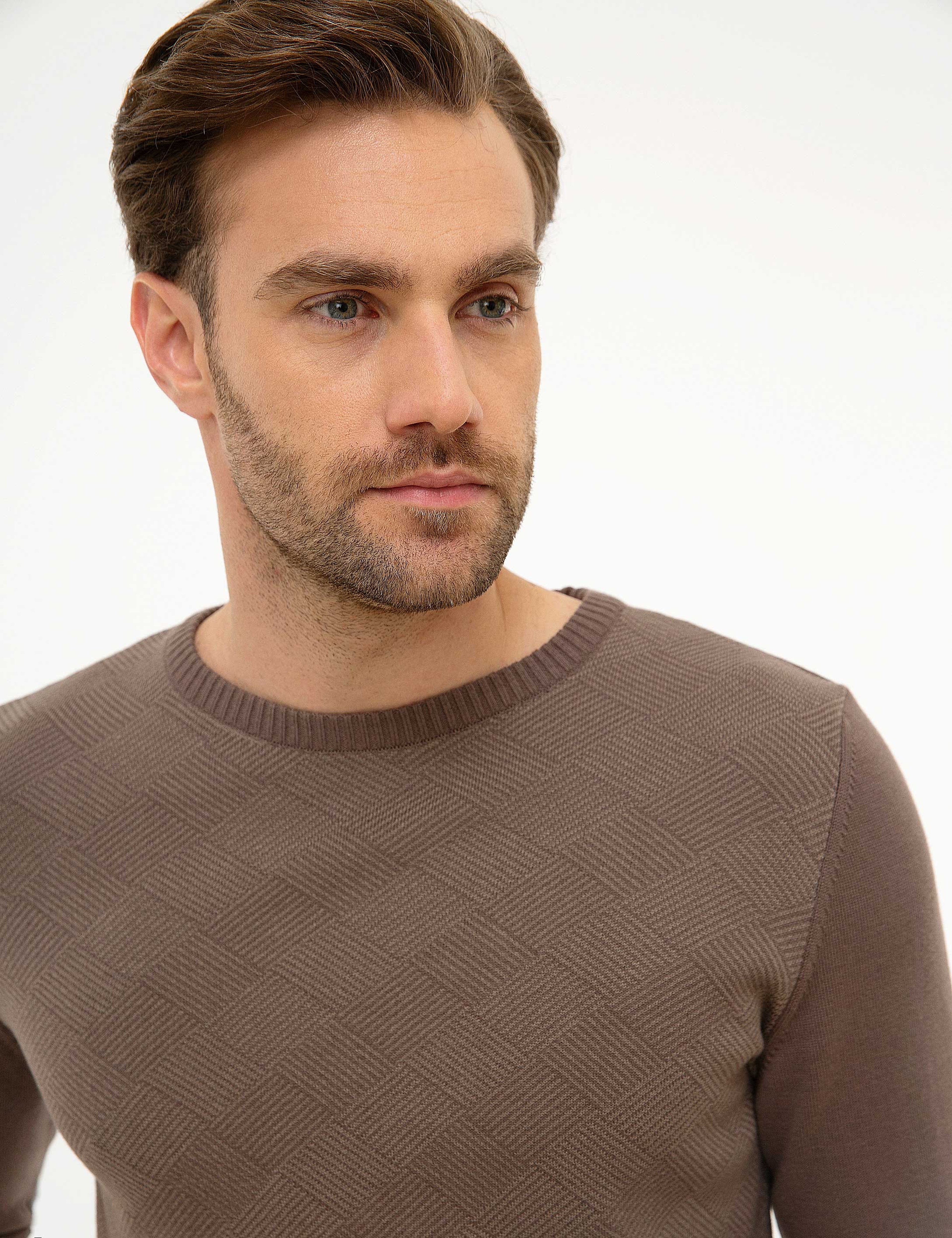 Kahverengi Slim Fit Triko Kazak - Image 2