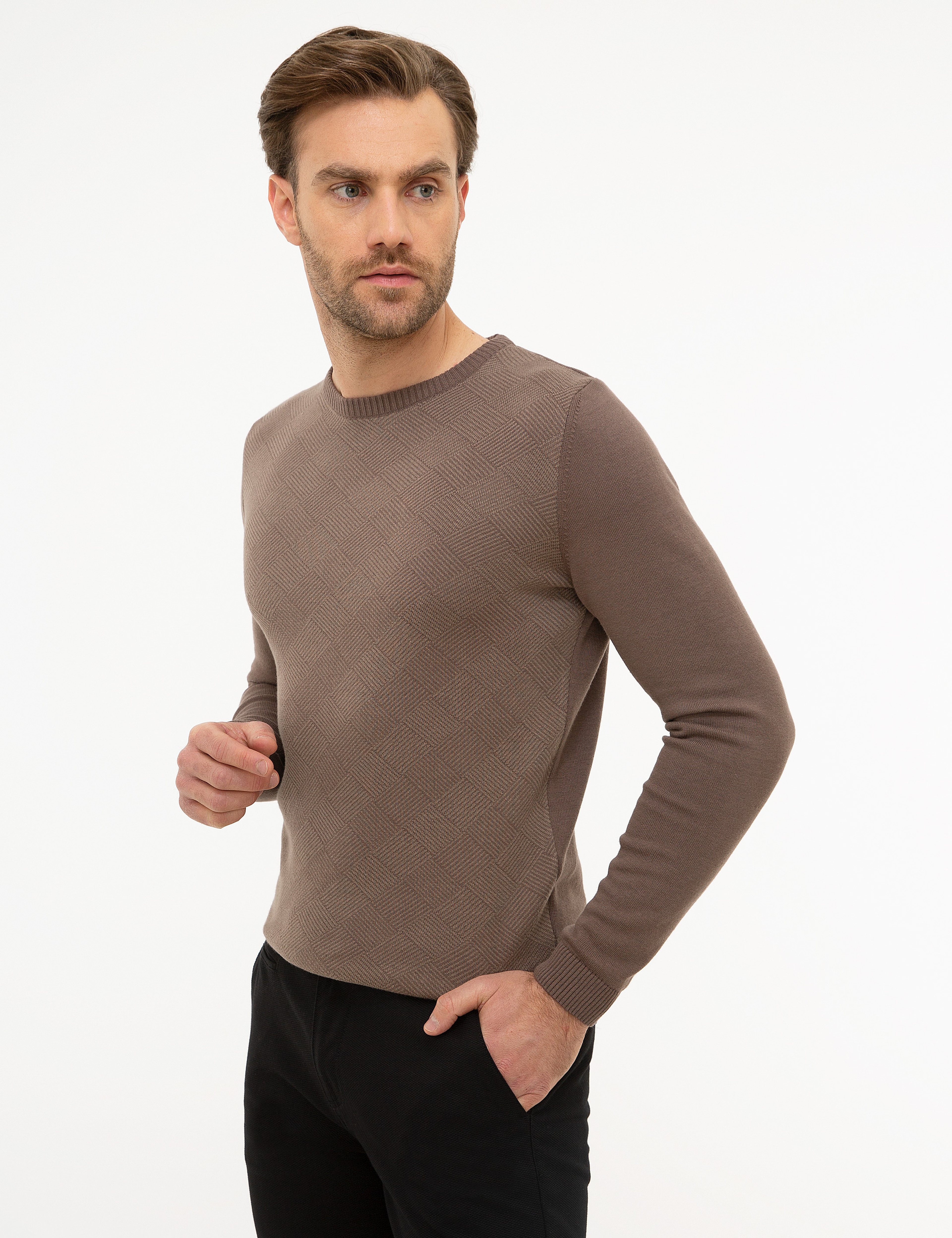 Kahverengi Slim Fit Triko Kazak - Image 3