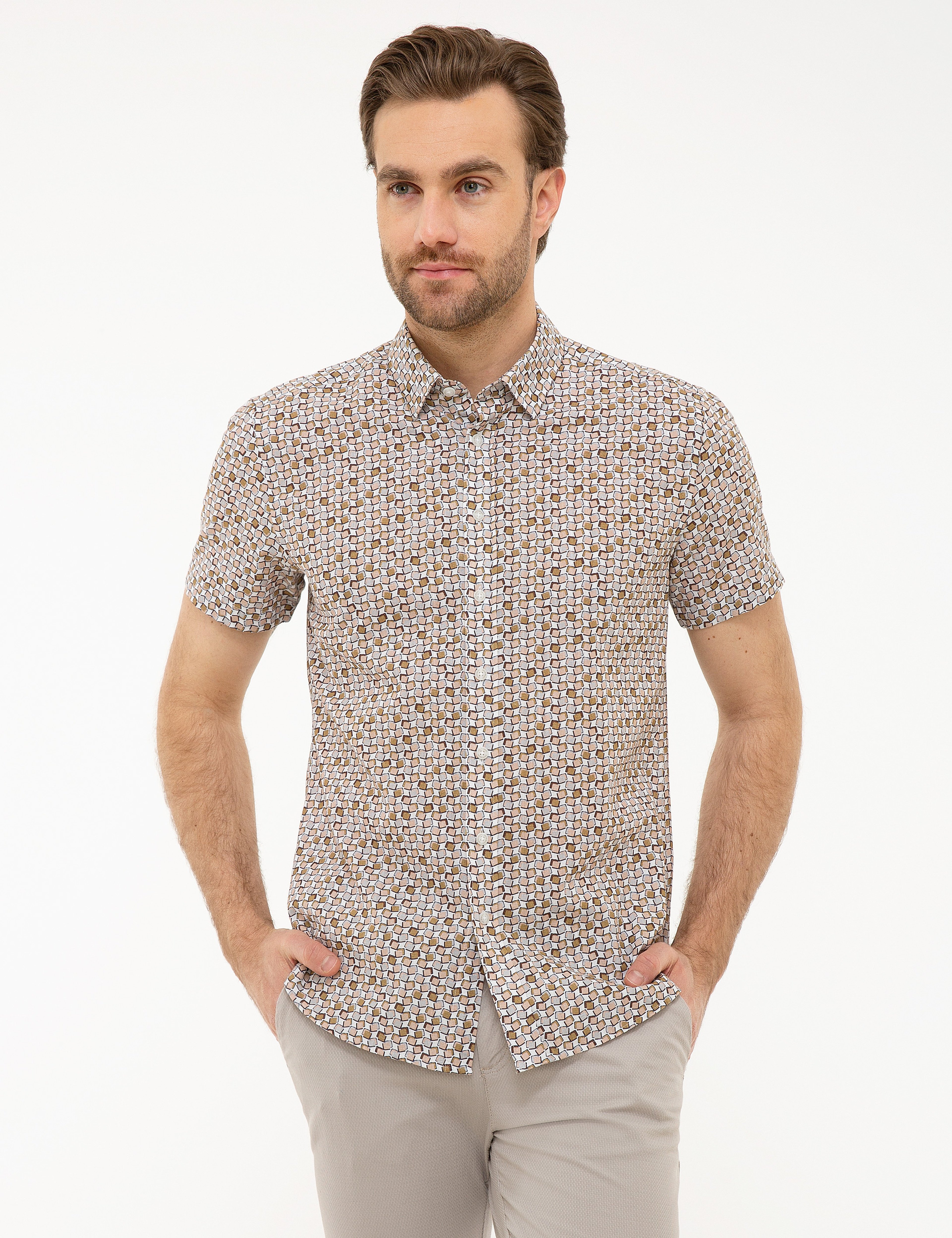 Haki Slim Fit Kısa Kollu Gömlek - Image 1