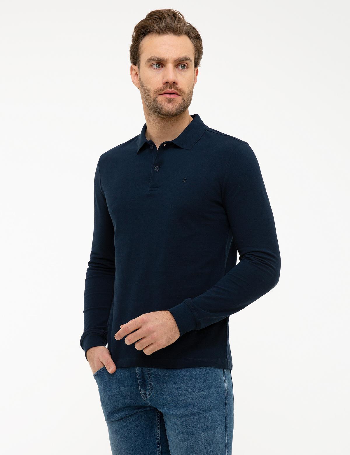 Lacivert Slim Fit Polo Yaka Sweatshirt - 50226541013
