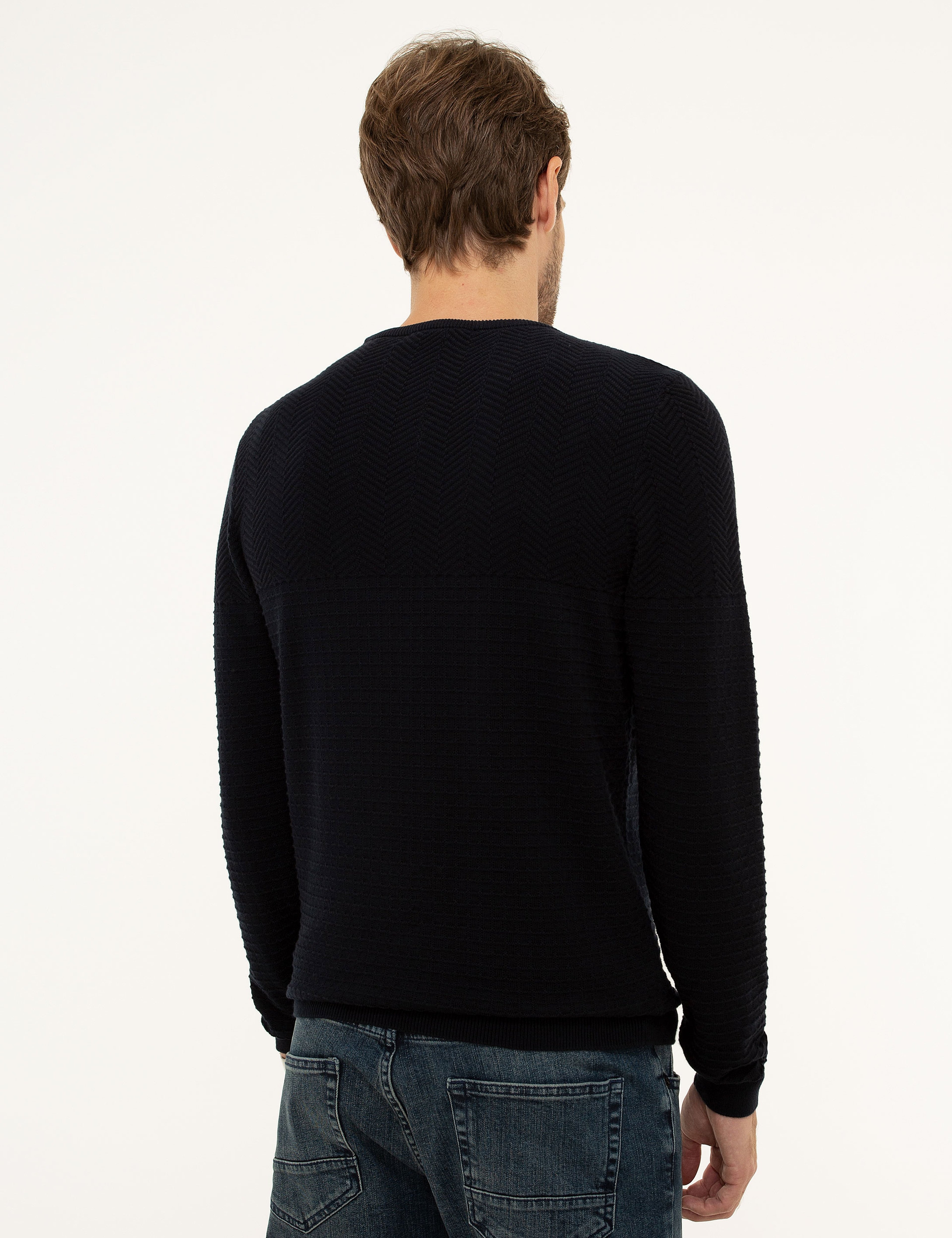 Koyu Lacivert Slim Fit Bisiklet Yaka Triko Kazak - Image 4