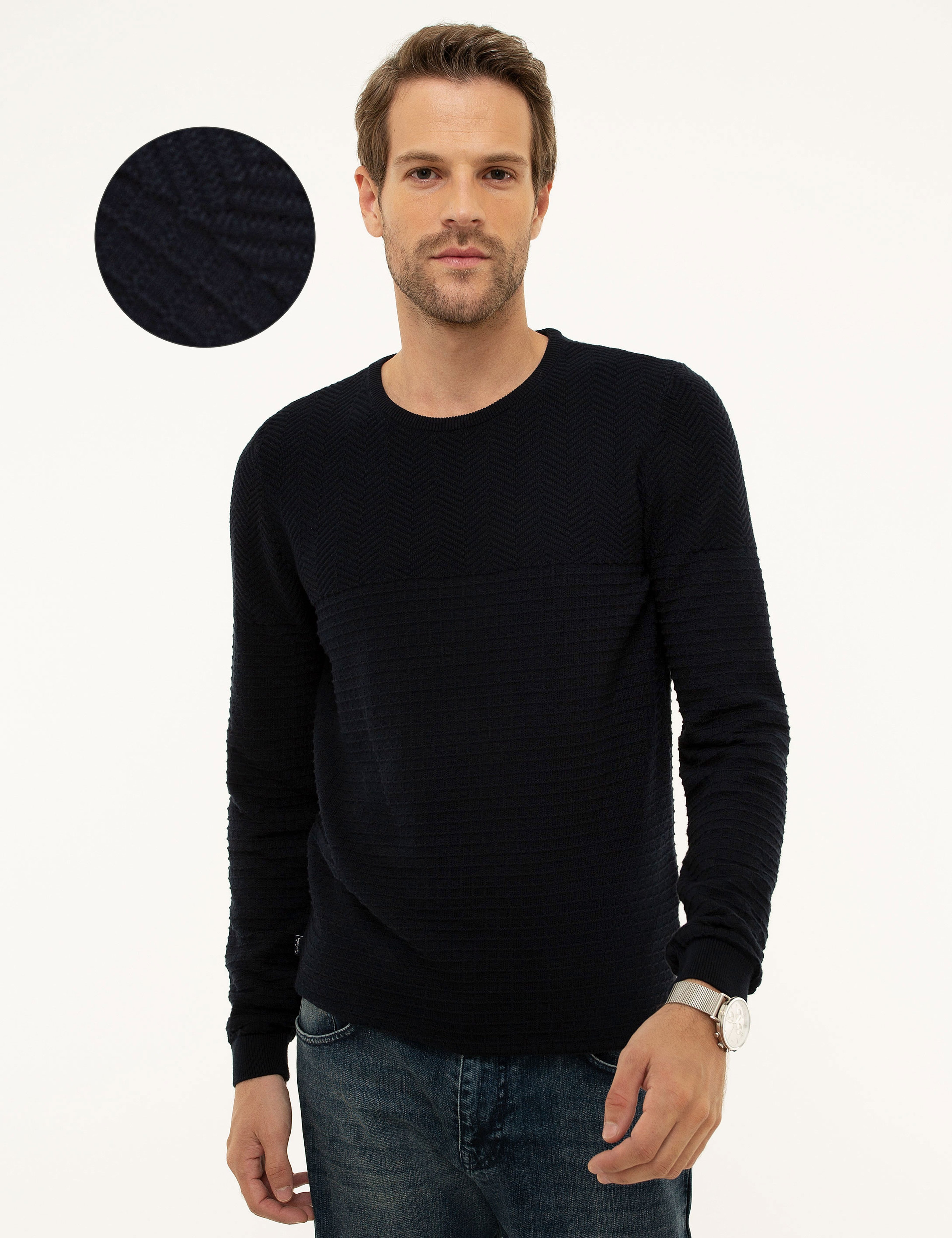 Koyu Lacivert Slim Fit Bisiklet Yaka Triko Kazak - Image 1