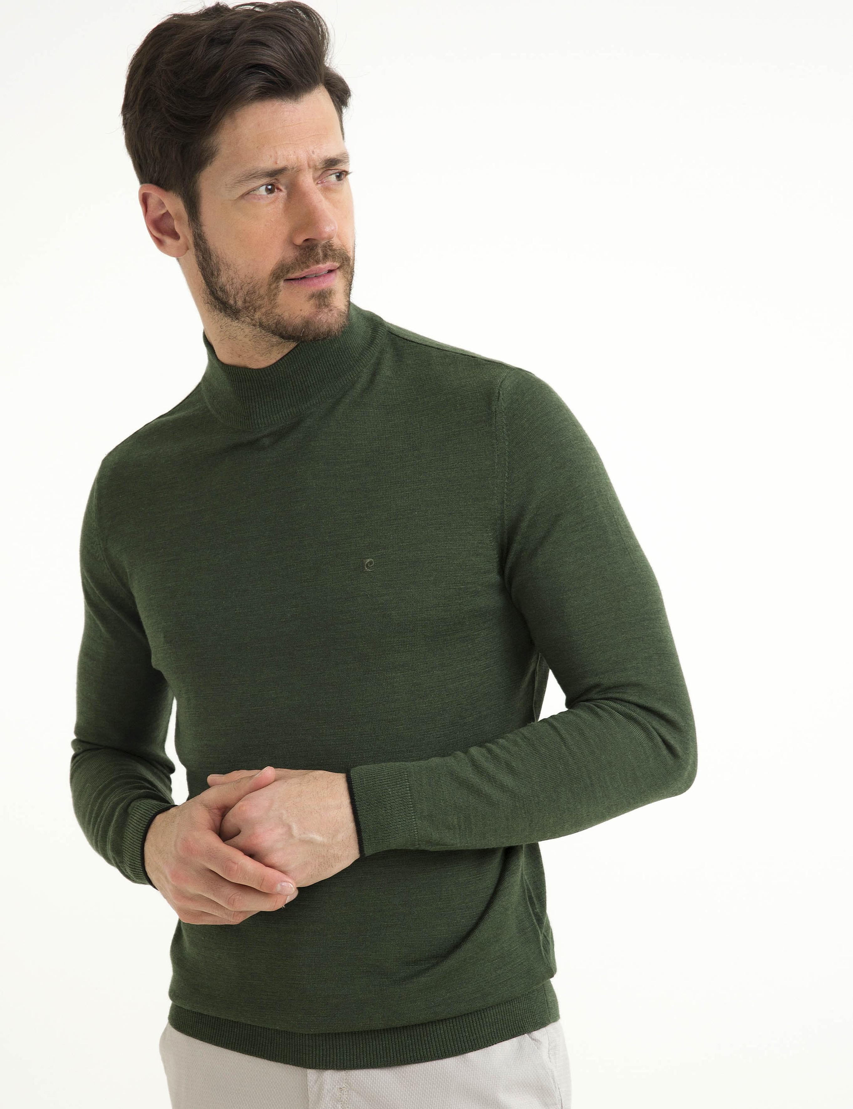 Yeşil Slim Fit Yarım Balıkçı Yaka Yün Karışımlı Basic Triko Kazak