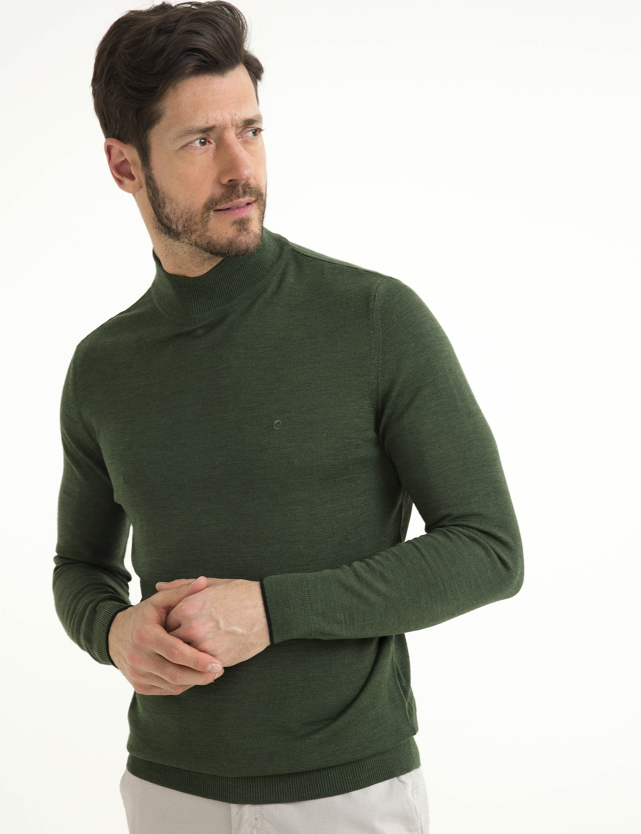Yeşil Slim Fit Yarım Balıkçı Yaka Yün Karışımlı Basic Triko Kazak