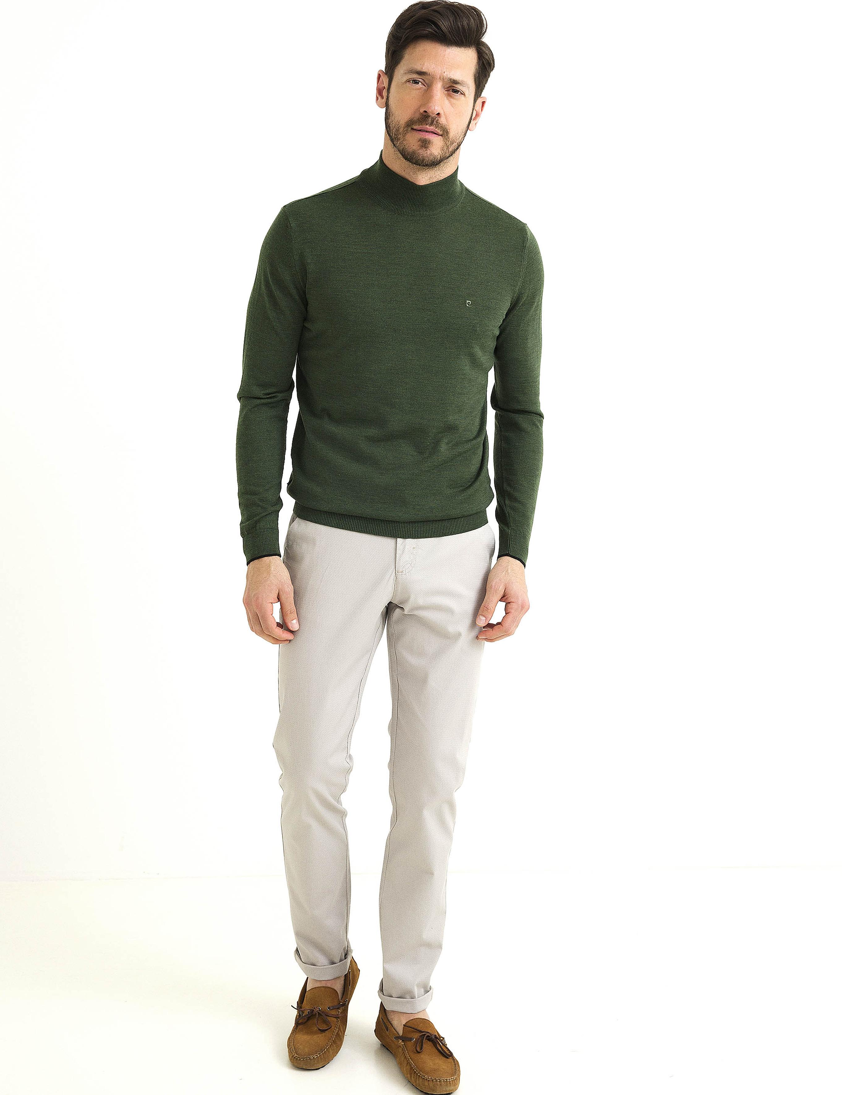 Yeşil Slim Fit Yarım Balıkçı Yaka Yün Karışımlı Basic Triko Kazak