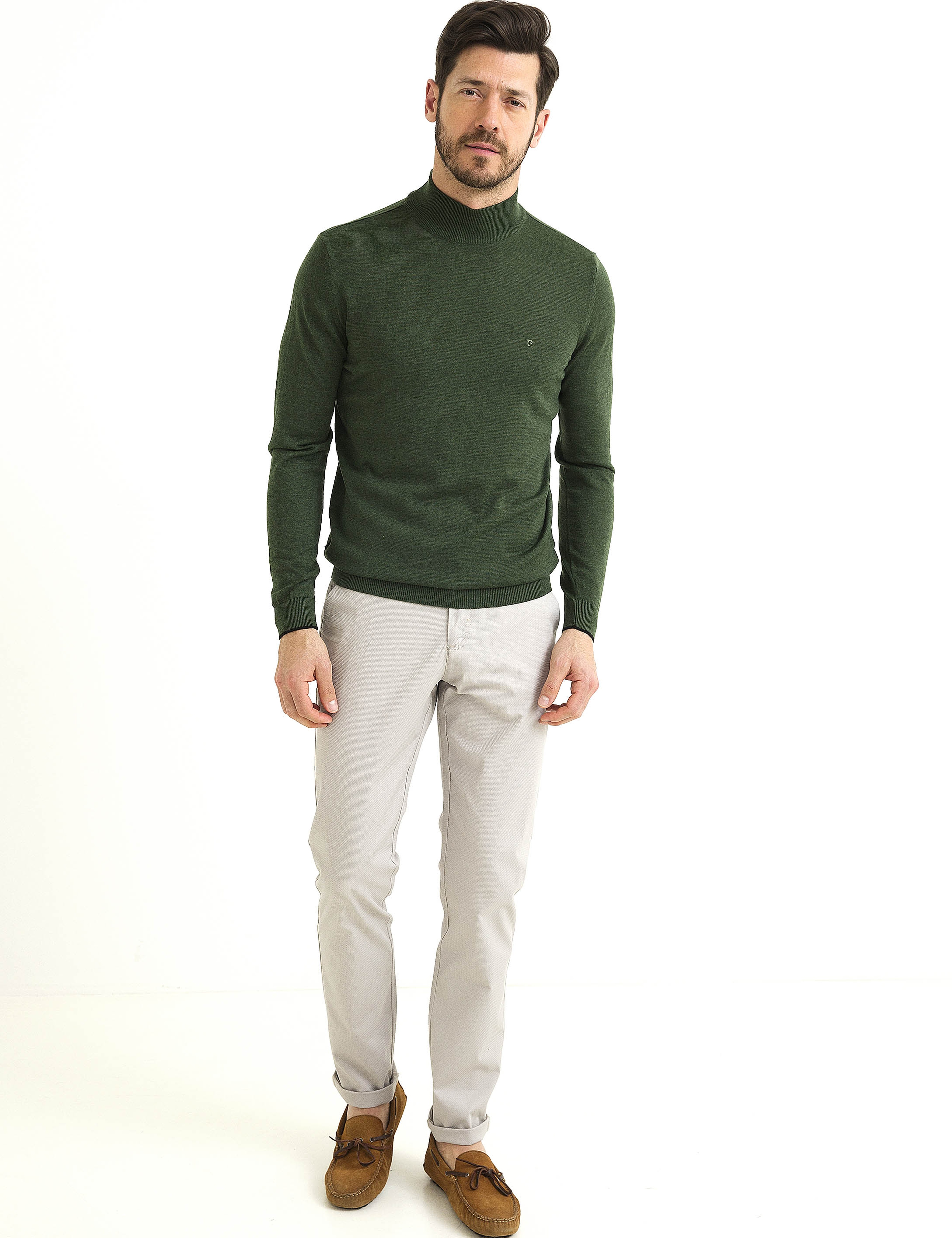 Yeşil Slim Fit Yarım Balıkçı Yaka Yün Karışımlı Basic Triko Kazak - Image 2