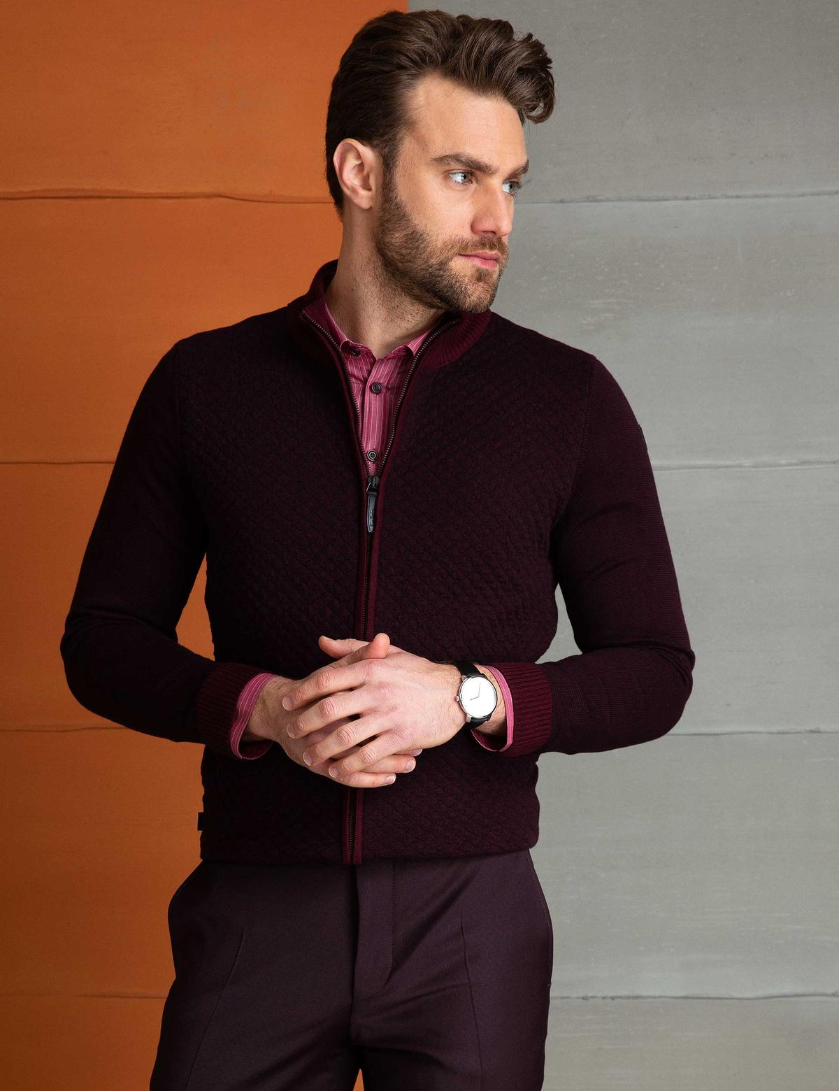 Bordo Slim Fit Triko Hırka