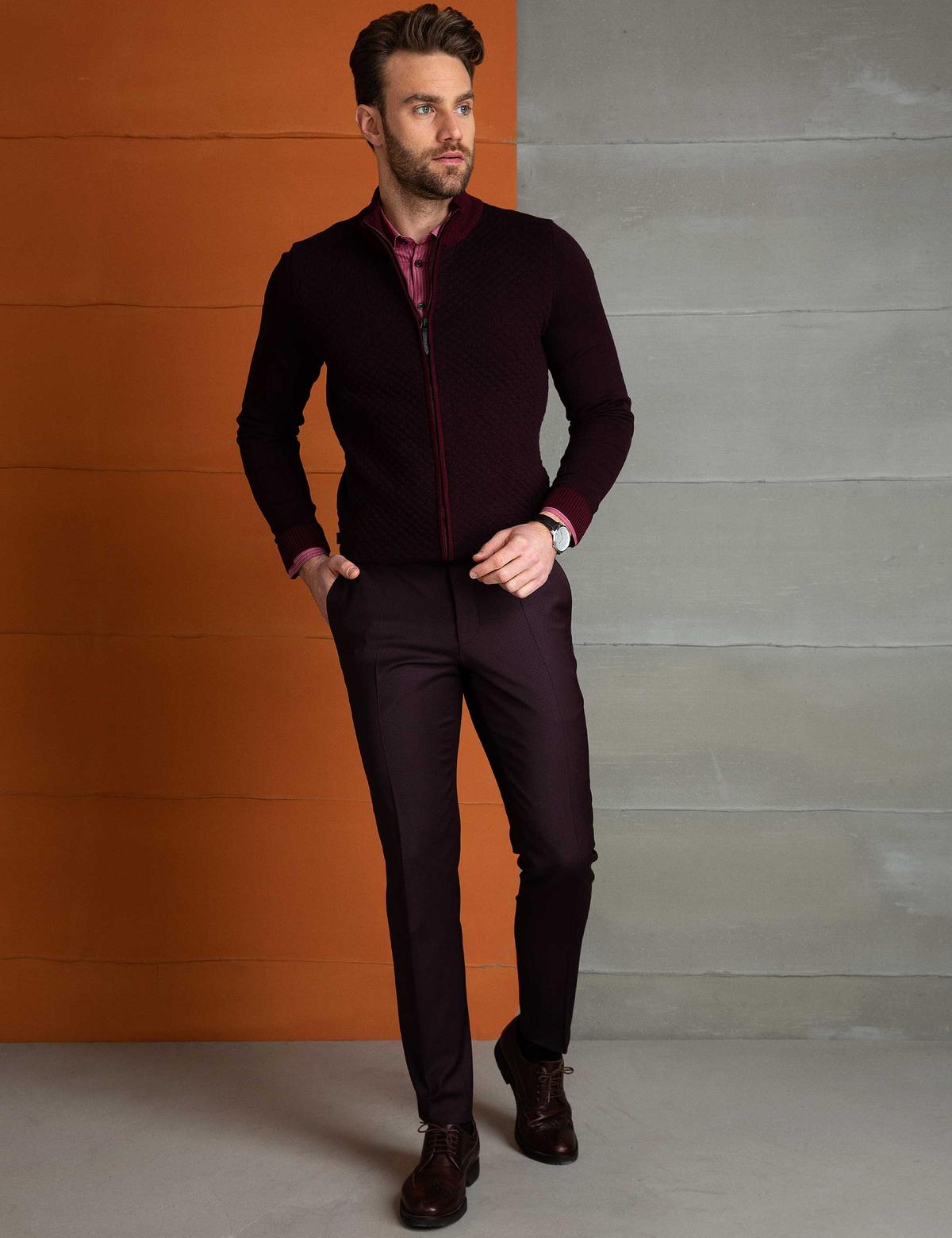 Bordo Slim Fit Triko Hırka - 50194129031