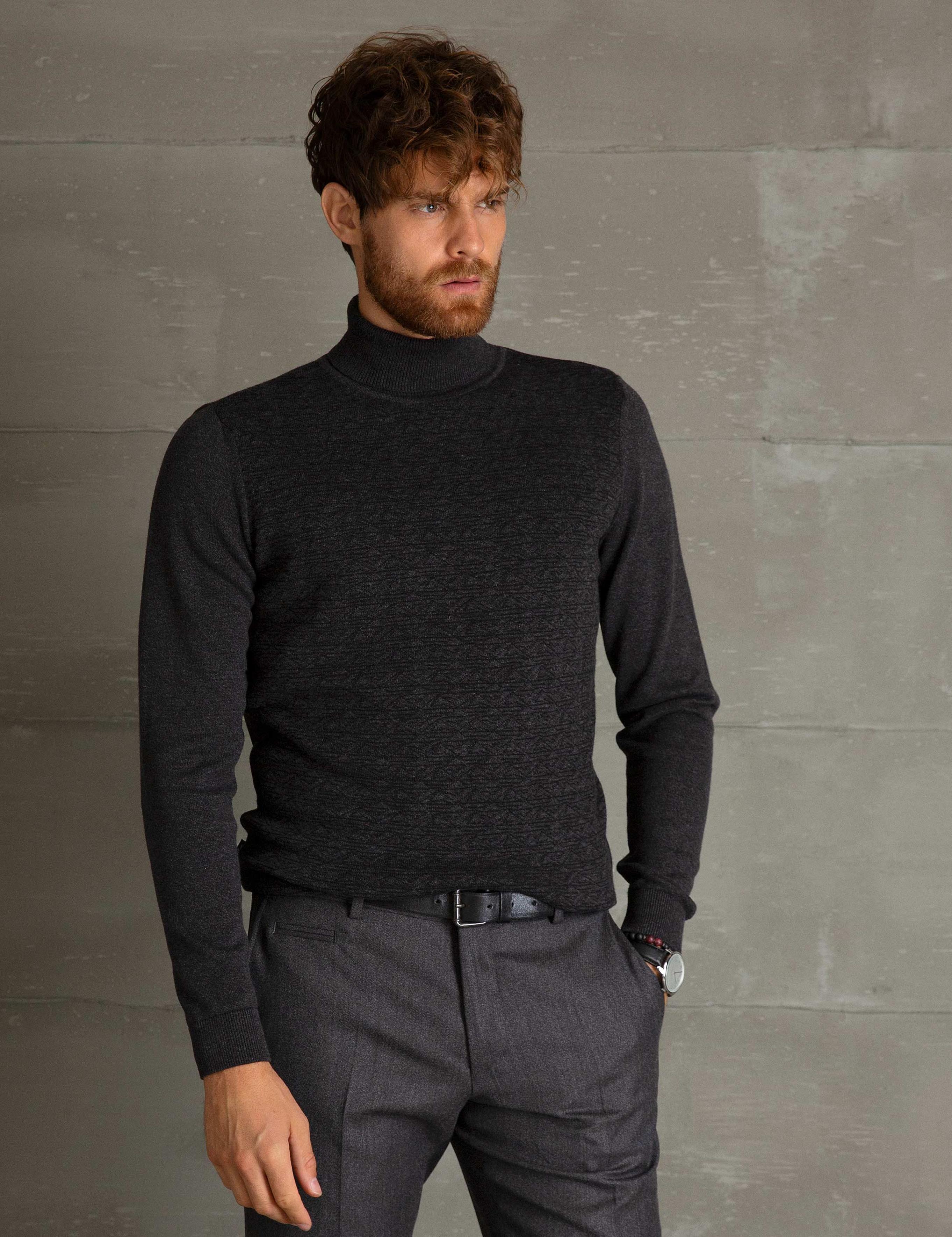 Antrasit Melanj Slim Fit Triko Kazak