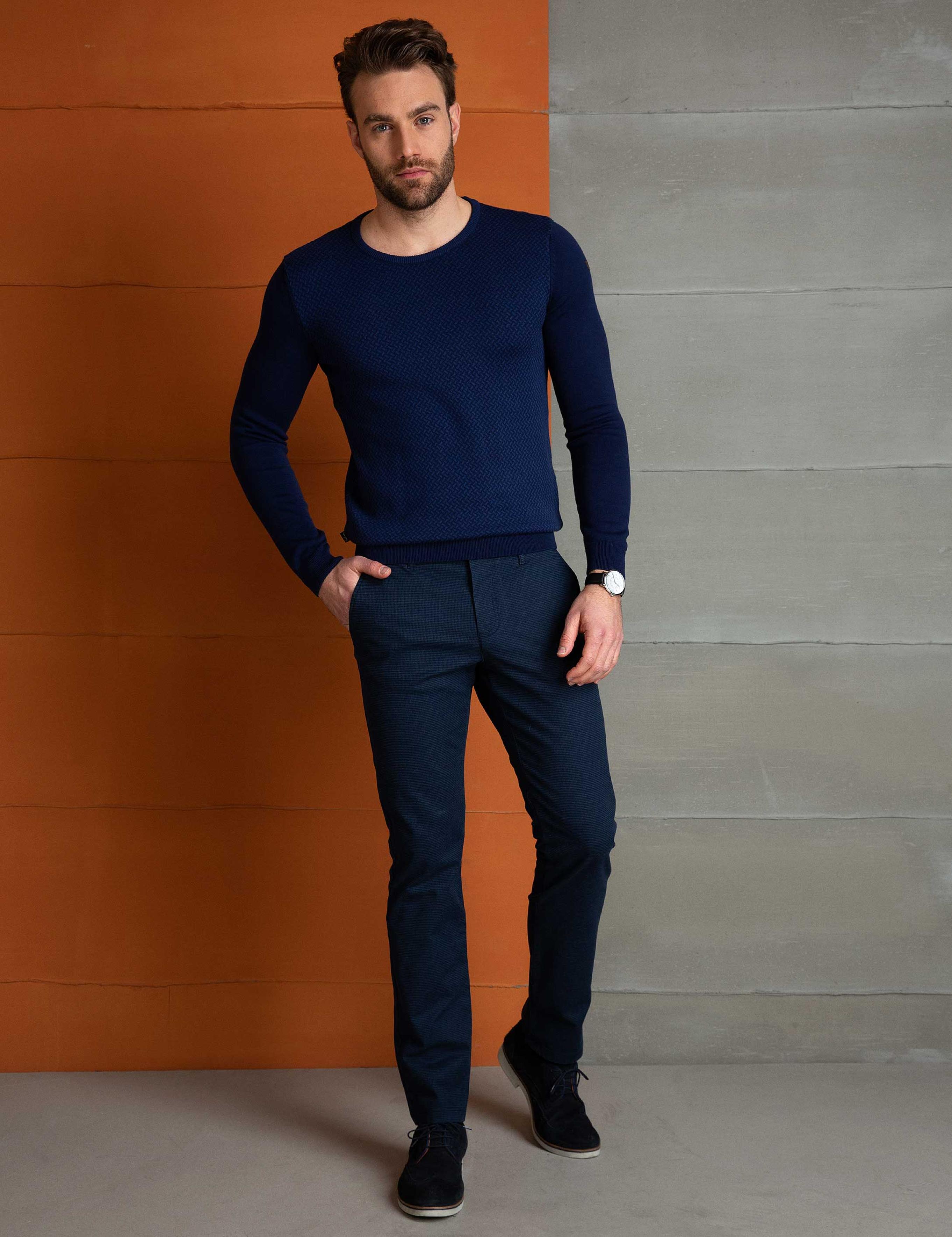 Lacivert Slim Fit Bisiklet Yaka Triko Kazak