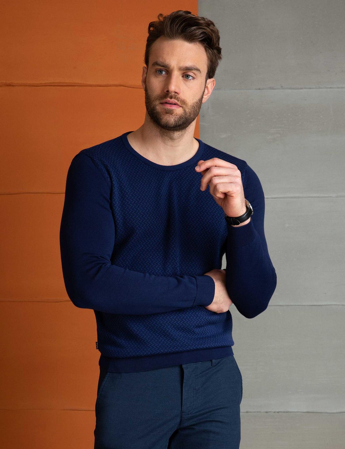 Lacivert Slim Fit Bisiklet Yaka Triko Kazak